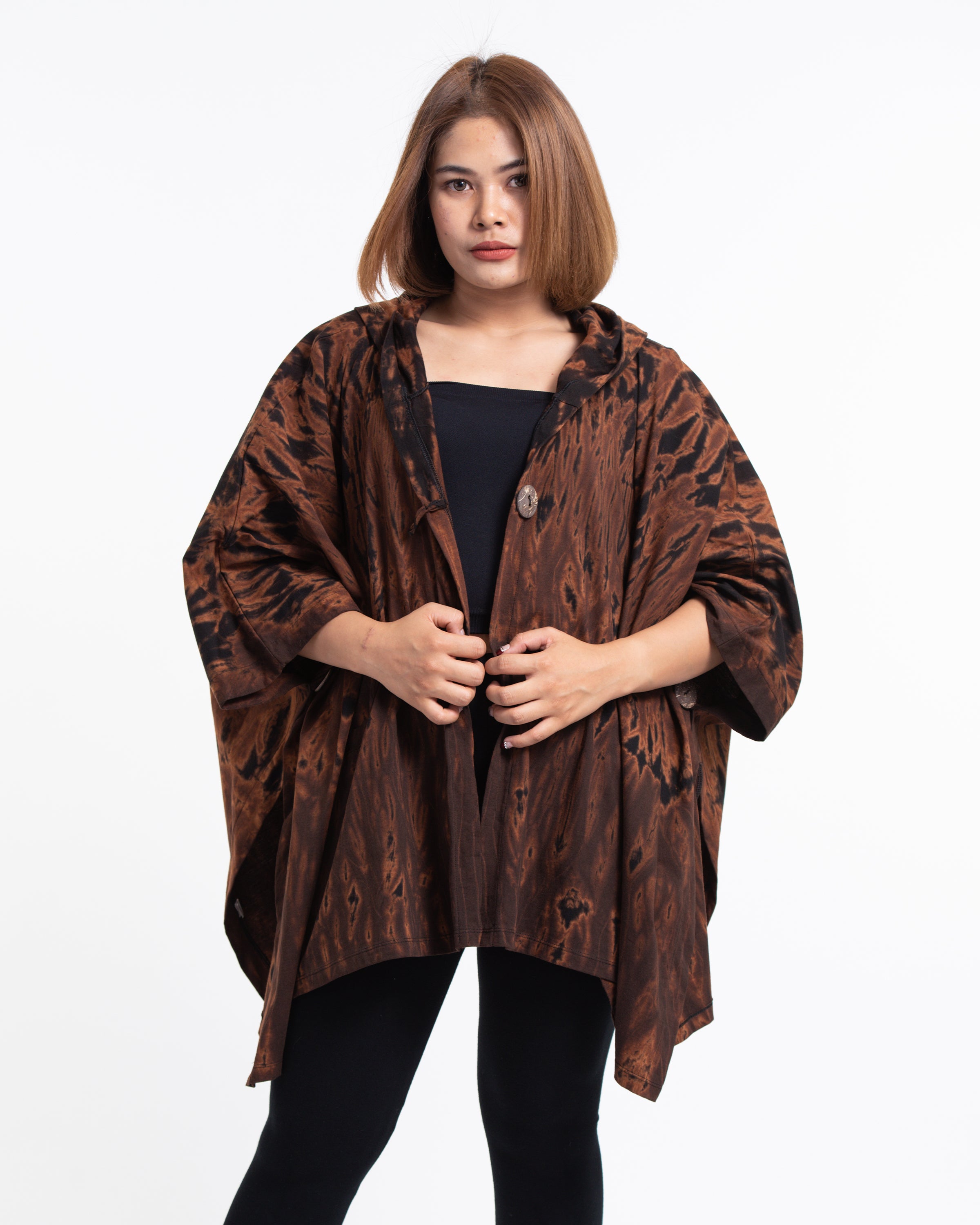 Tie Dye Cotton Hooded Poncho Jacket in Brown 08