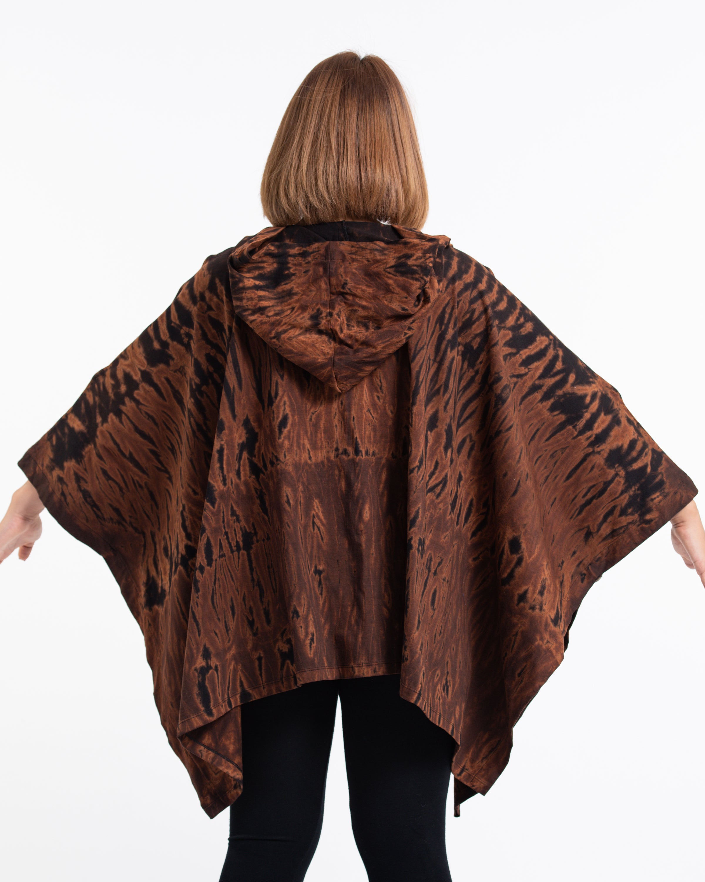 Tie Dye Cotton Hooded Poncho Jacket in Brown 08