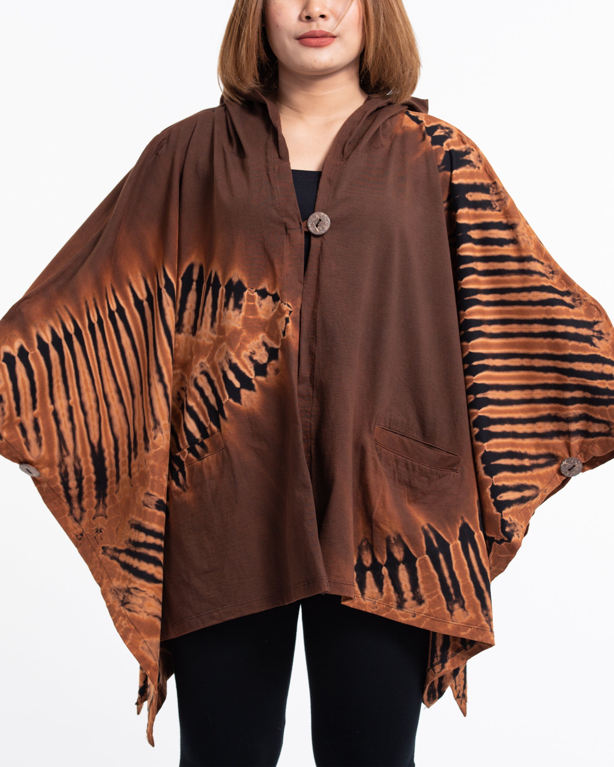 Tie Dye Cotton Hooded Poncho Jacket in Brown 09