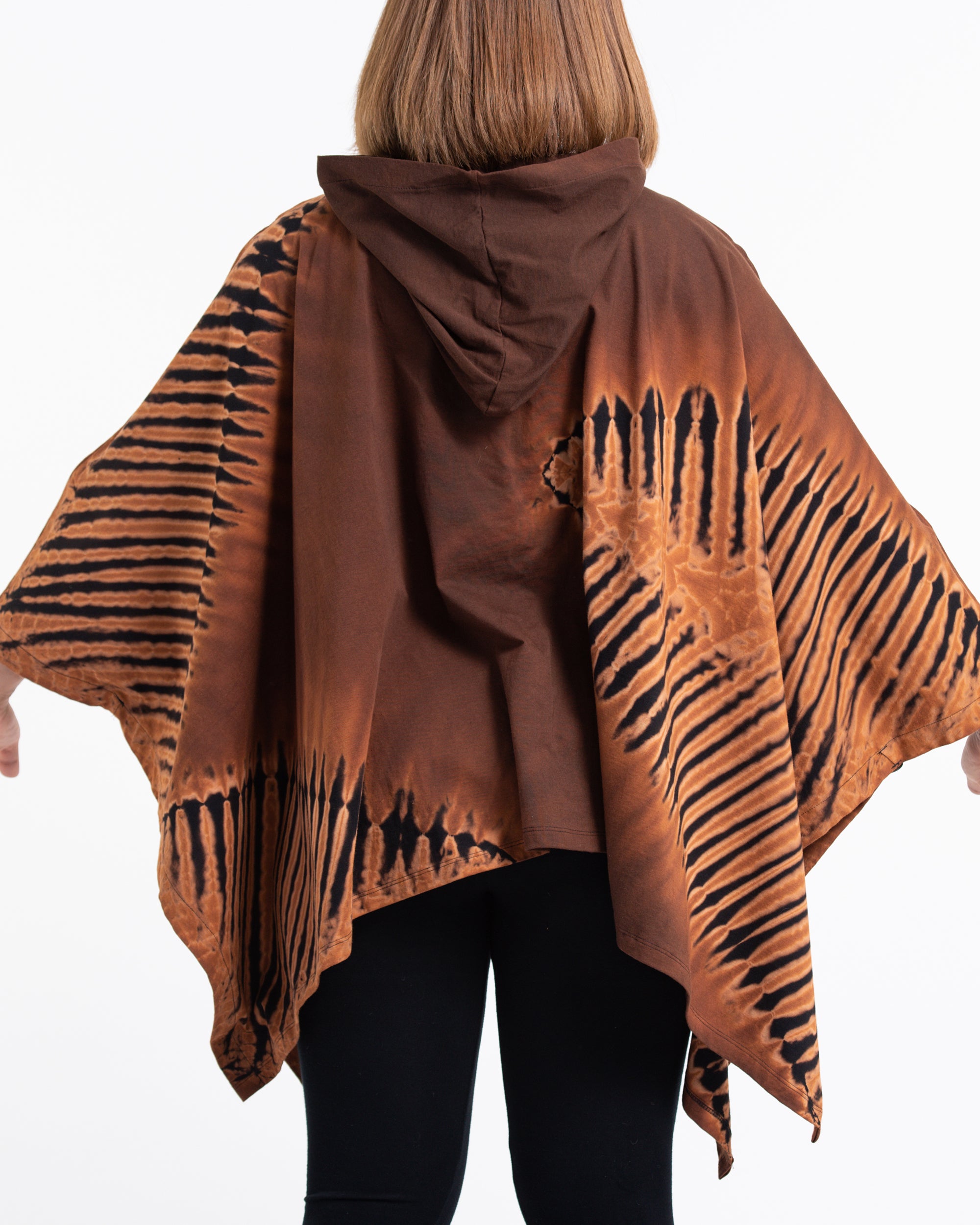 Tie Dye Cotton Hooded Poncho Jacket in Brown 09