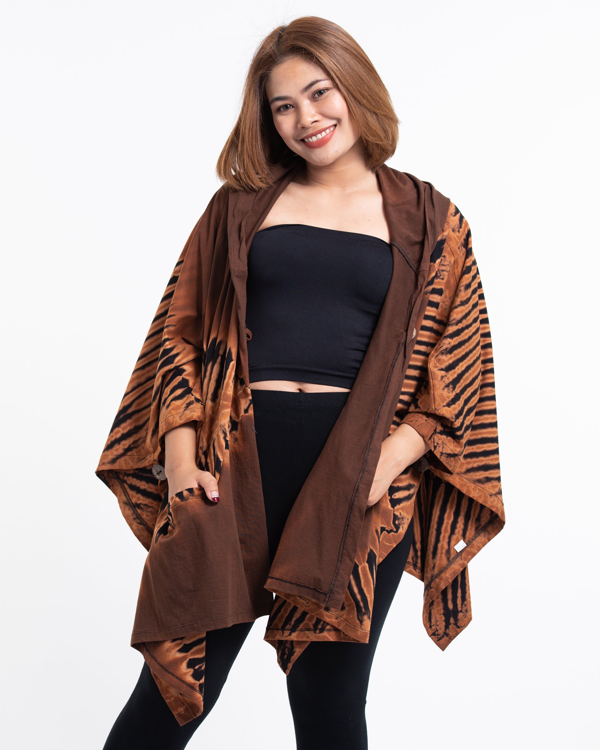 Tie Dye Cotton Hooded Poncho Jacket in Brown 09