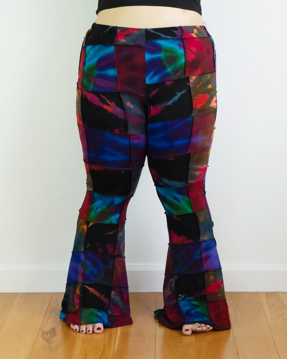 Plus Size Patchwork Tie Dye Flare Pants in Multi Black