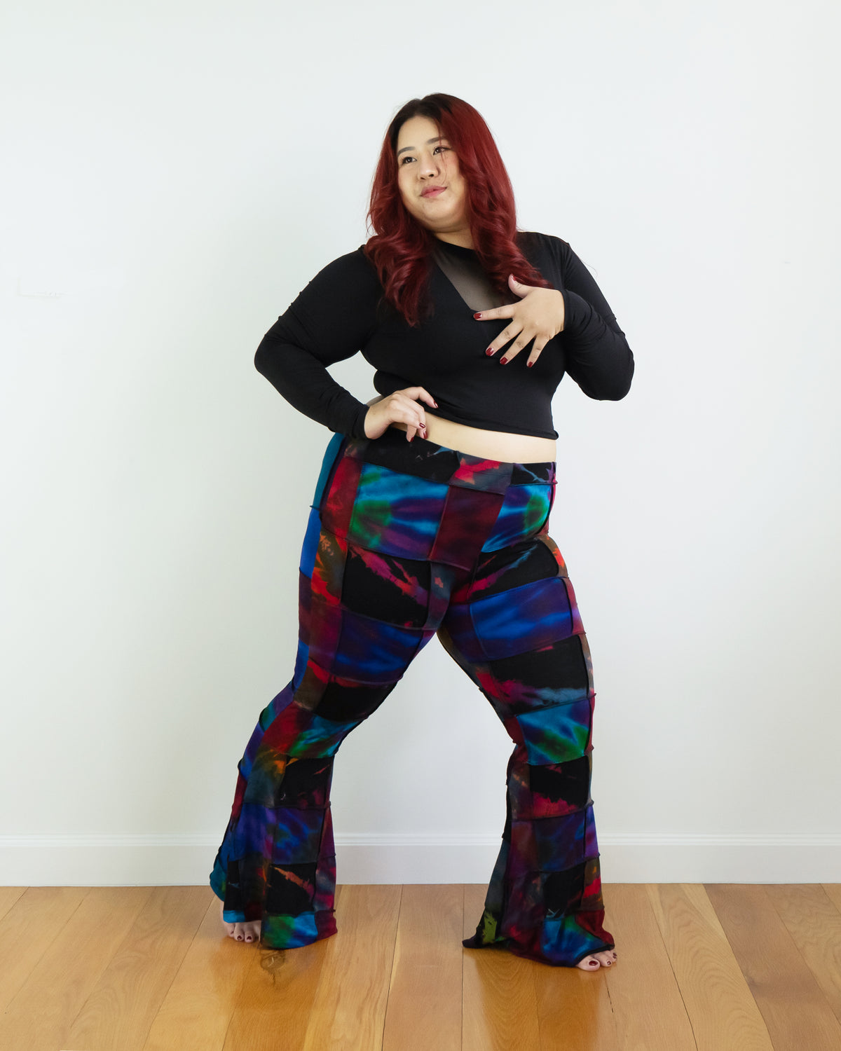 Plus Size Patchwork Tie Dye Flare Pants in Multi Black