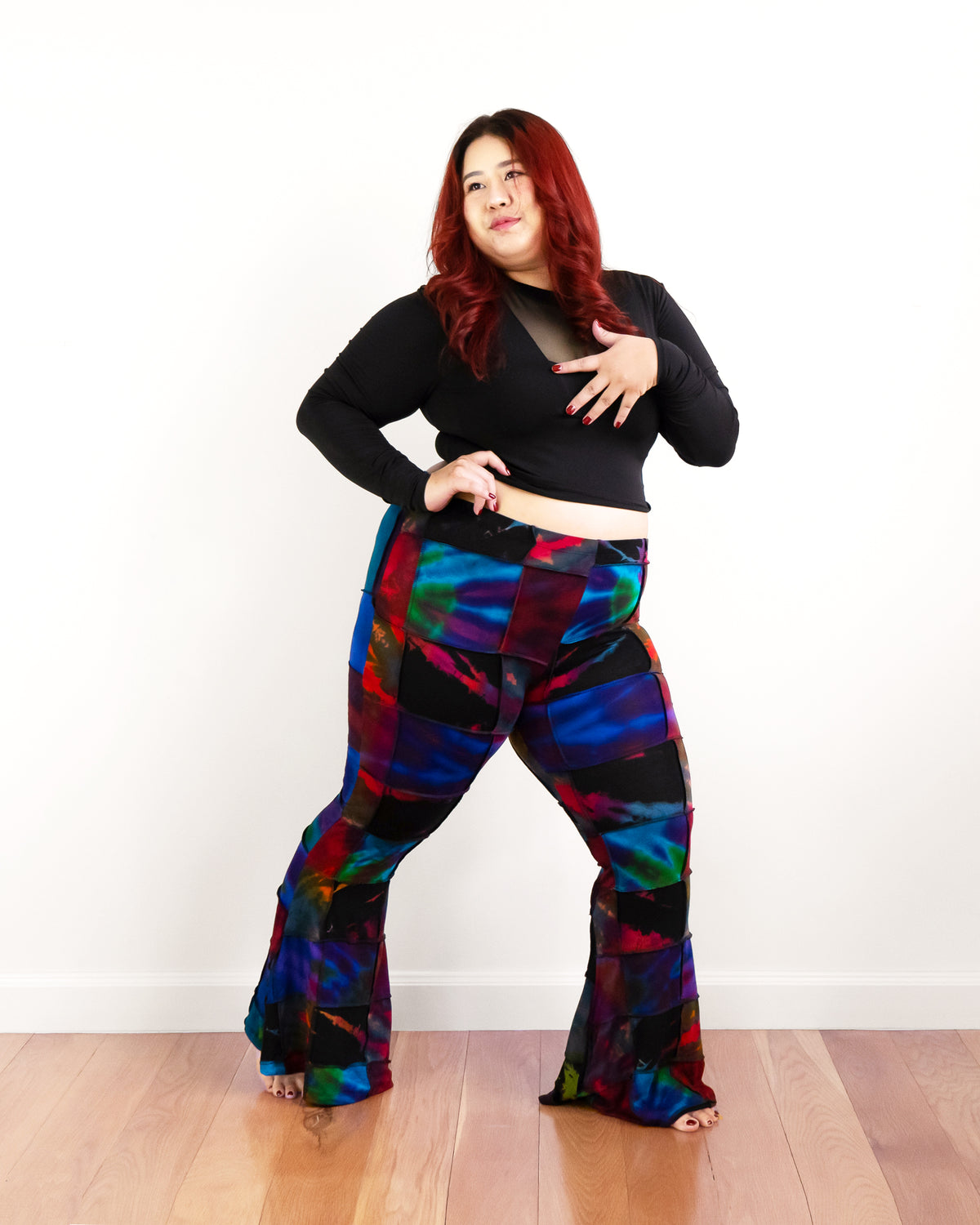 Plus Size Patchwork Tie Dye Flare Pants in Multi Black