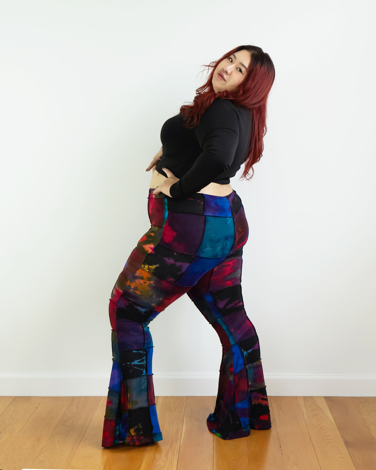 Plus Size Patchwork Tie Dye Flare Pants in Multi Black
