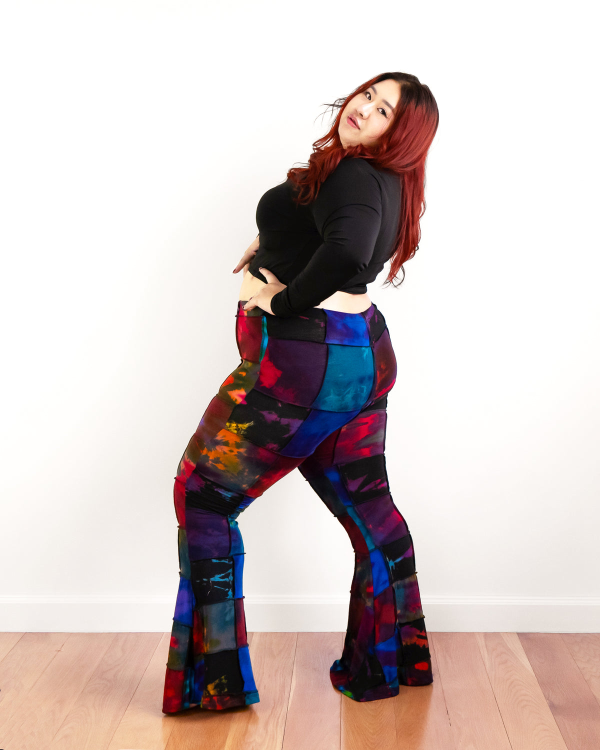 Plus Size Patchwork Tie Dye Flare Pants in Multi Black