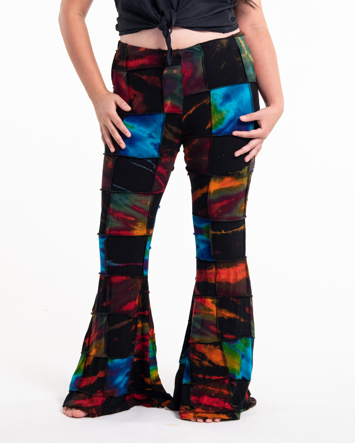 Plus Size Patchwork Tie Dye Flare Pants in Multi Black
