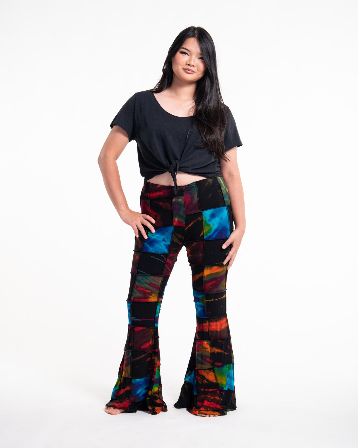 Plus Size Patchwork Tie Dye Flare Pants in Multi Black