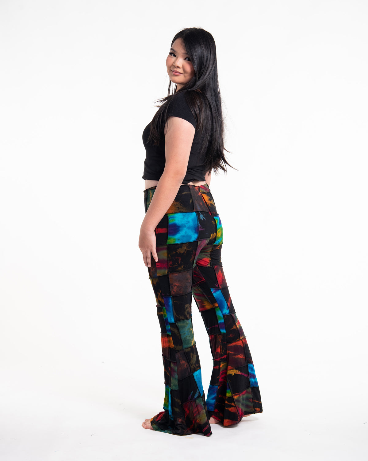 Plus Size Patchwork Tie Dye Flare Pants in Multi Black