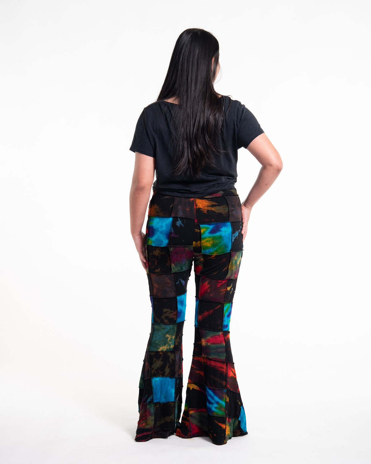 Plus Size Patchwork Tie Dye Flare Pants in Multi Black