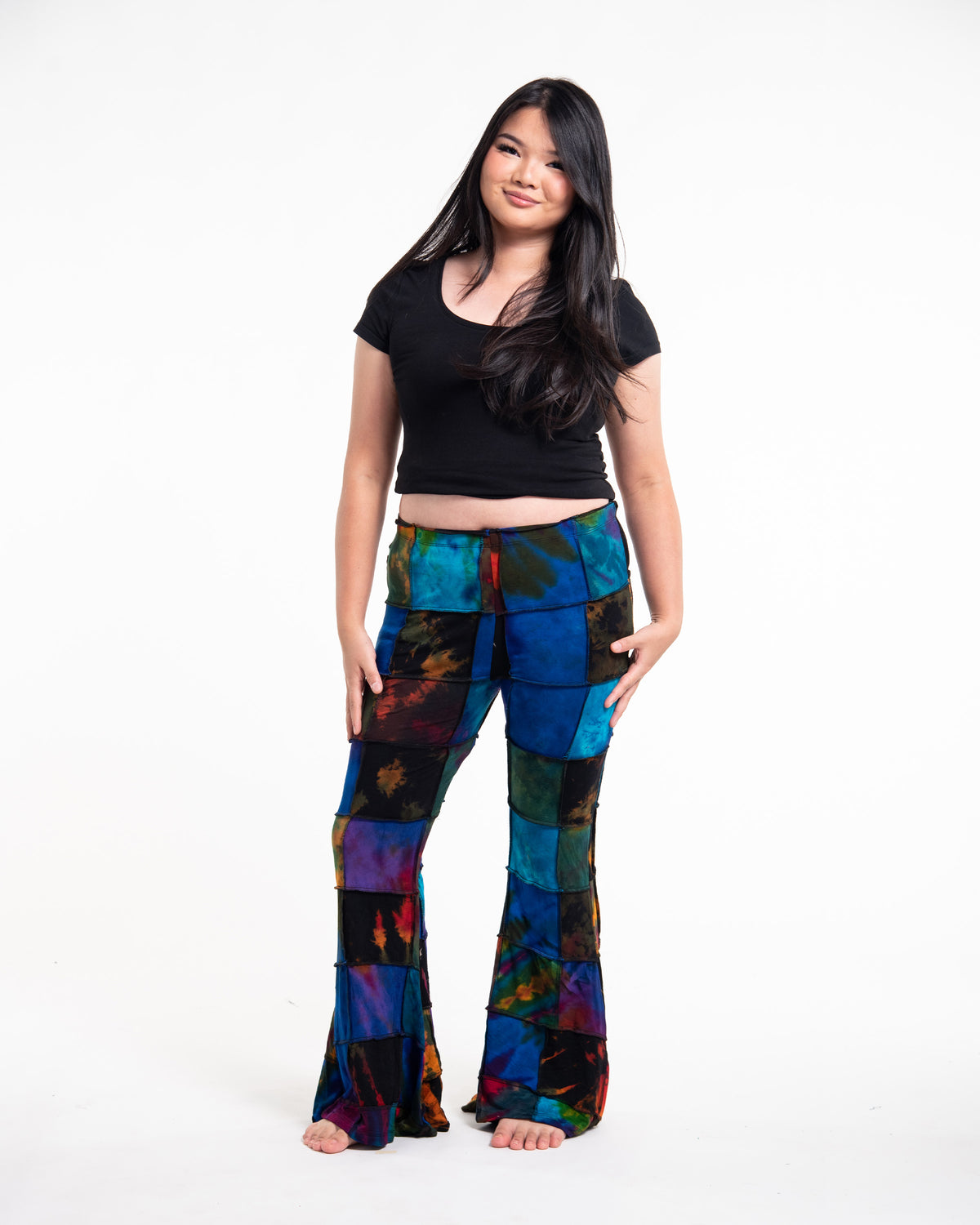 Plus Size Patchwork Tie Dye Flare Pants in Multi Black