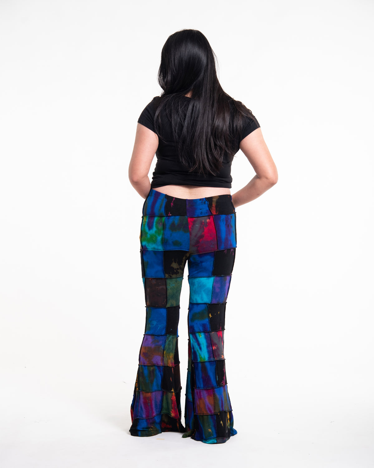 Plus Size Patchwork Tie Dye Flare Pants in Multi Black