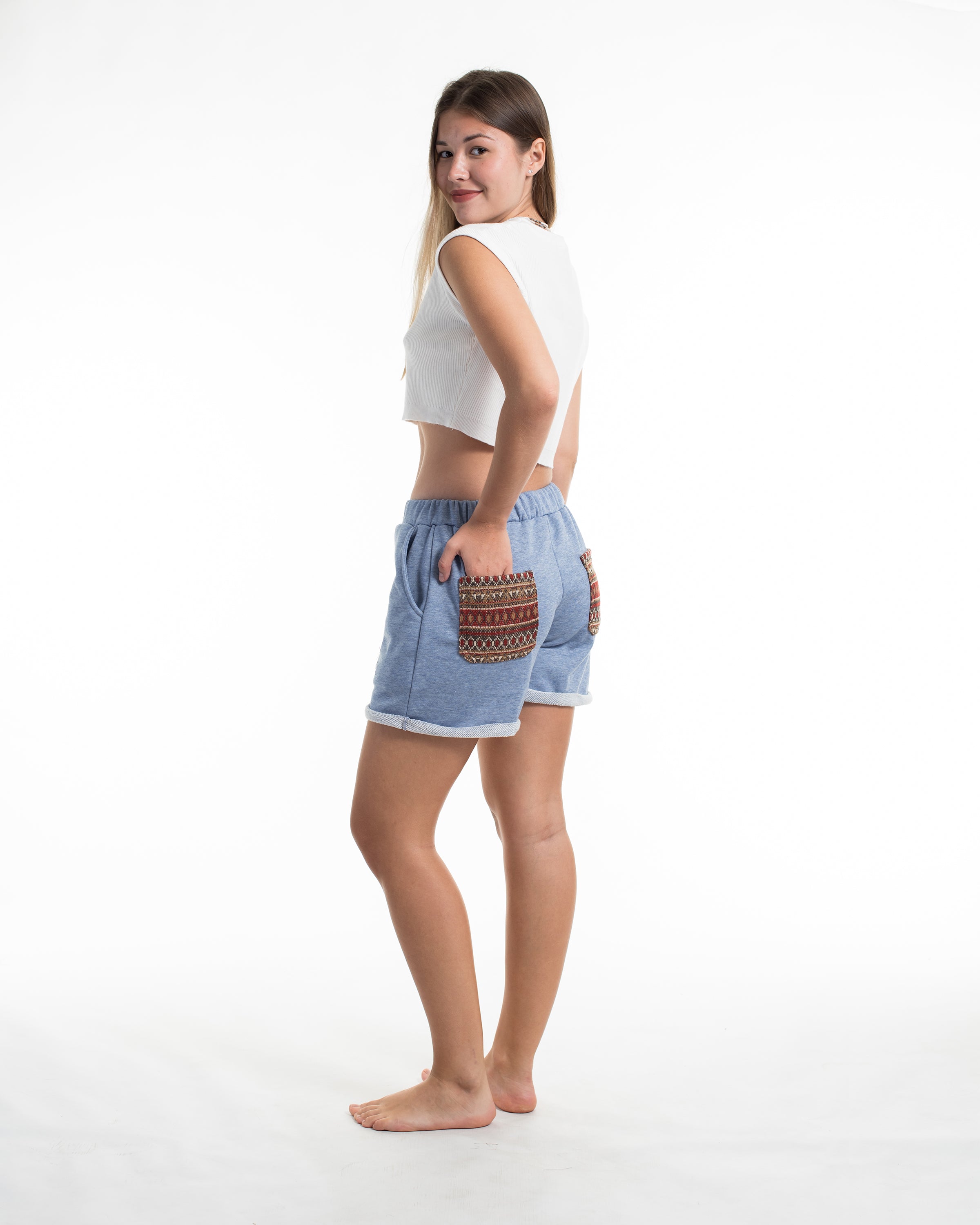 Women's Terry Shorts with Tribal Pockets in Light Blue (Size S - L)