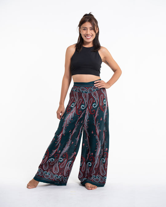 Paisley Feathers Palazzo Style Harem Pants in Green
