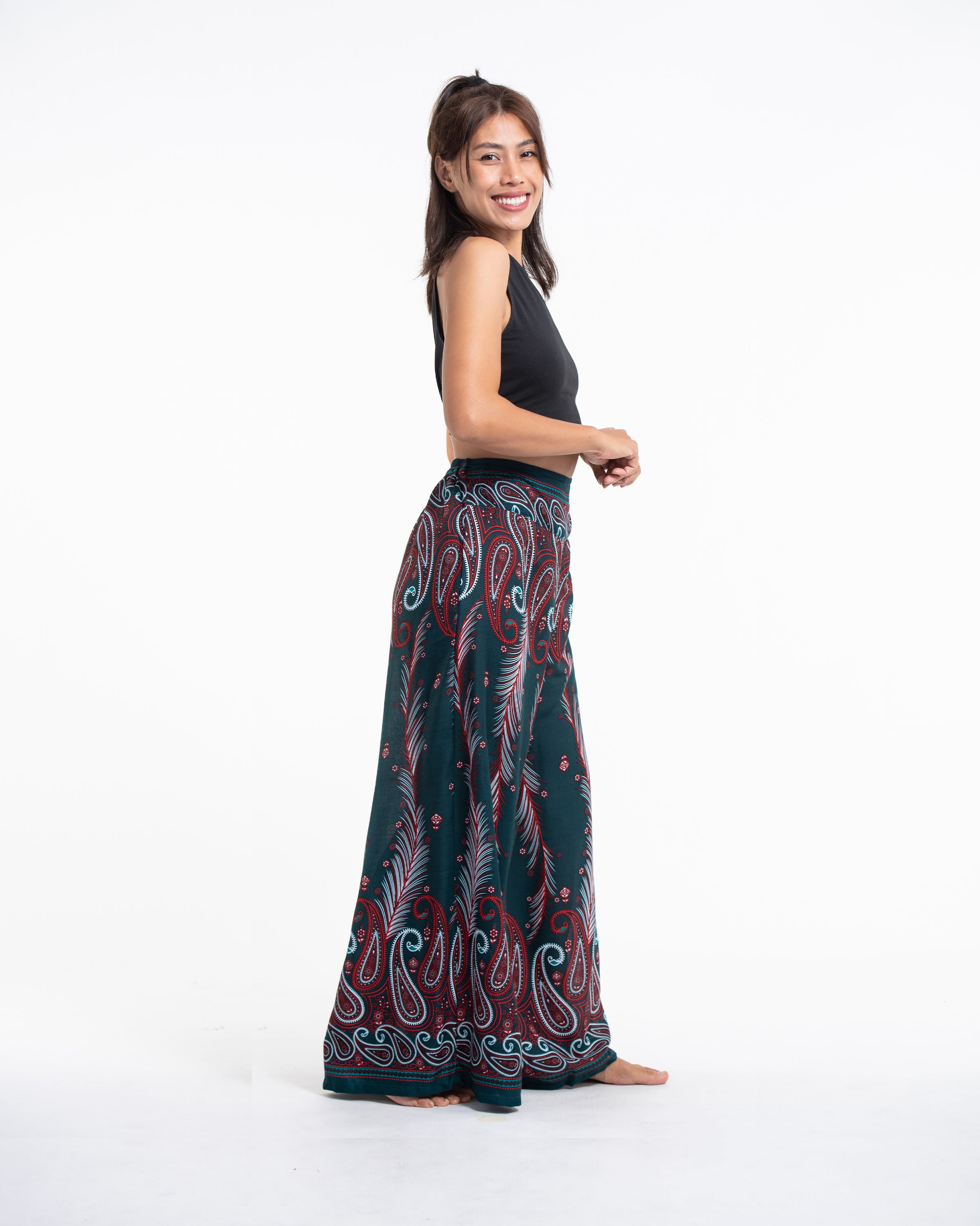Paisley Feathers Palazzo Style Harem Pants in Green