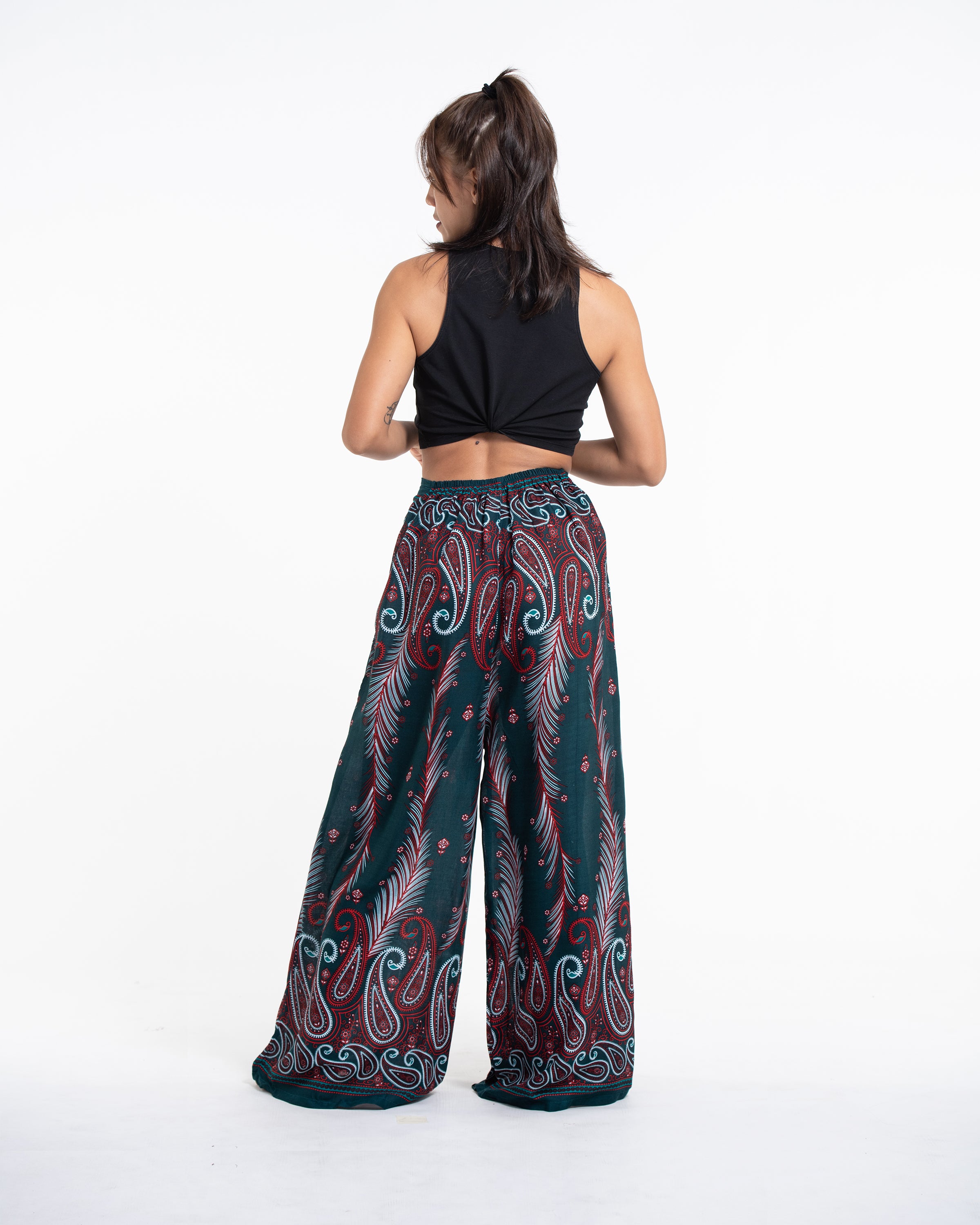 Paisley Feathers Palazzo Style Harem Pants in Green
