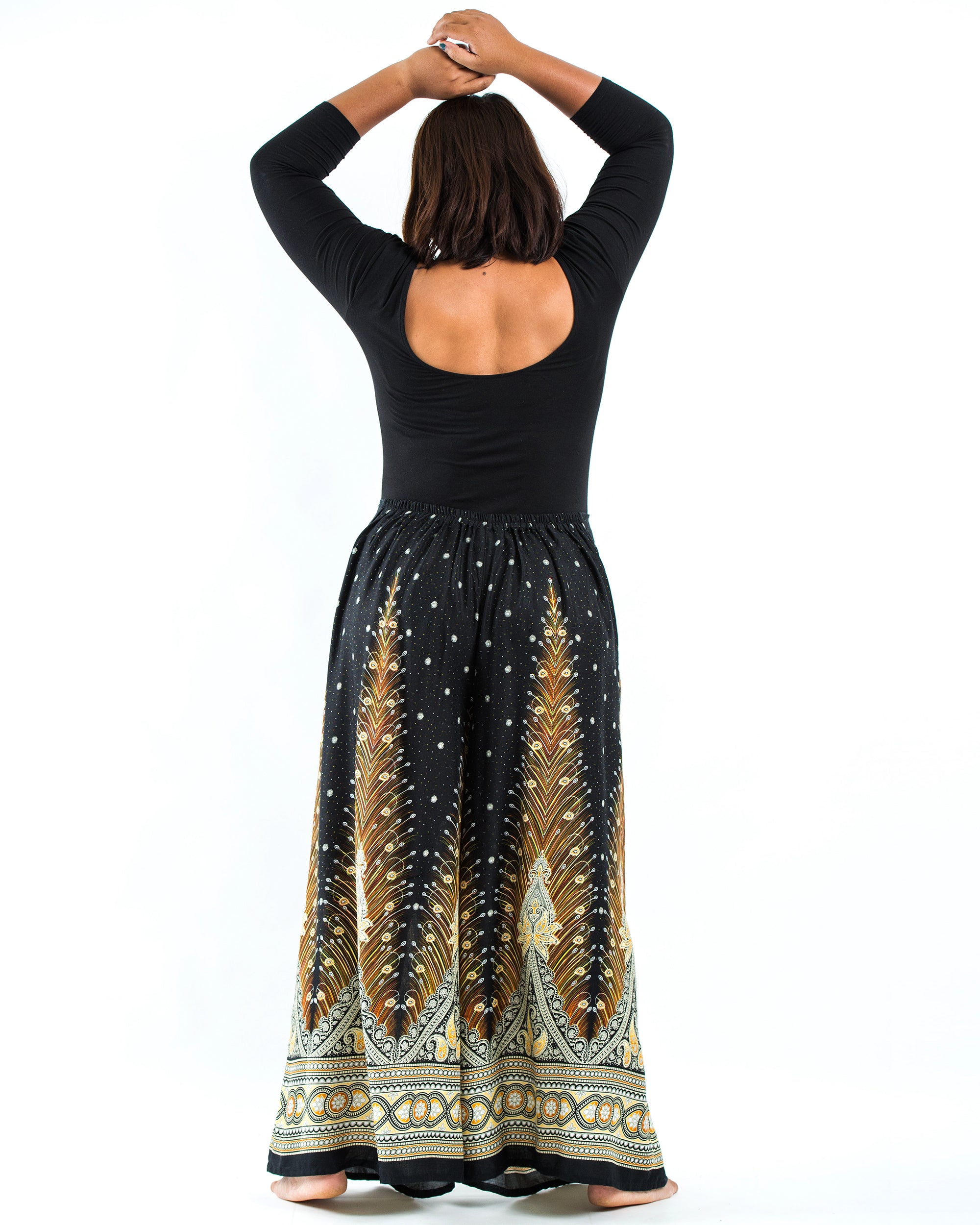Plus Size Peacock Feathers Palazzo Style Harem Pants in Black