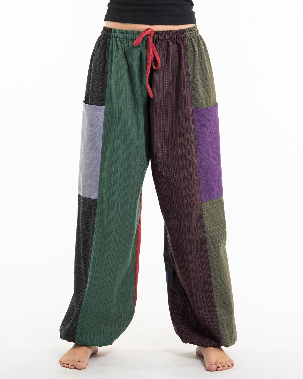 Women's Drawstring Patchwork Pinstripes Cotton Pants