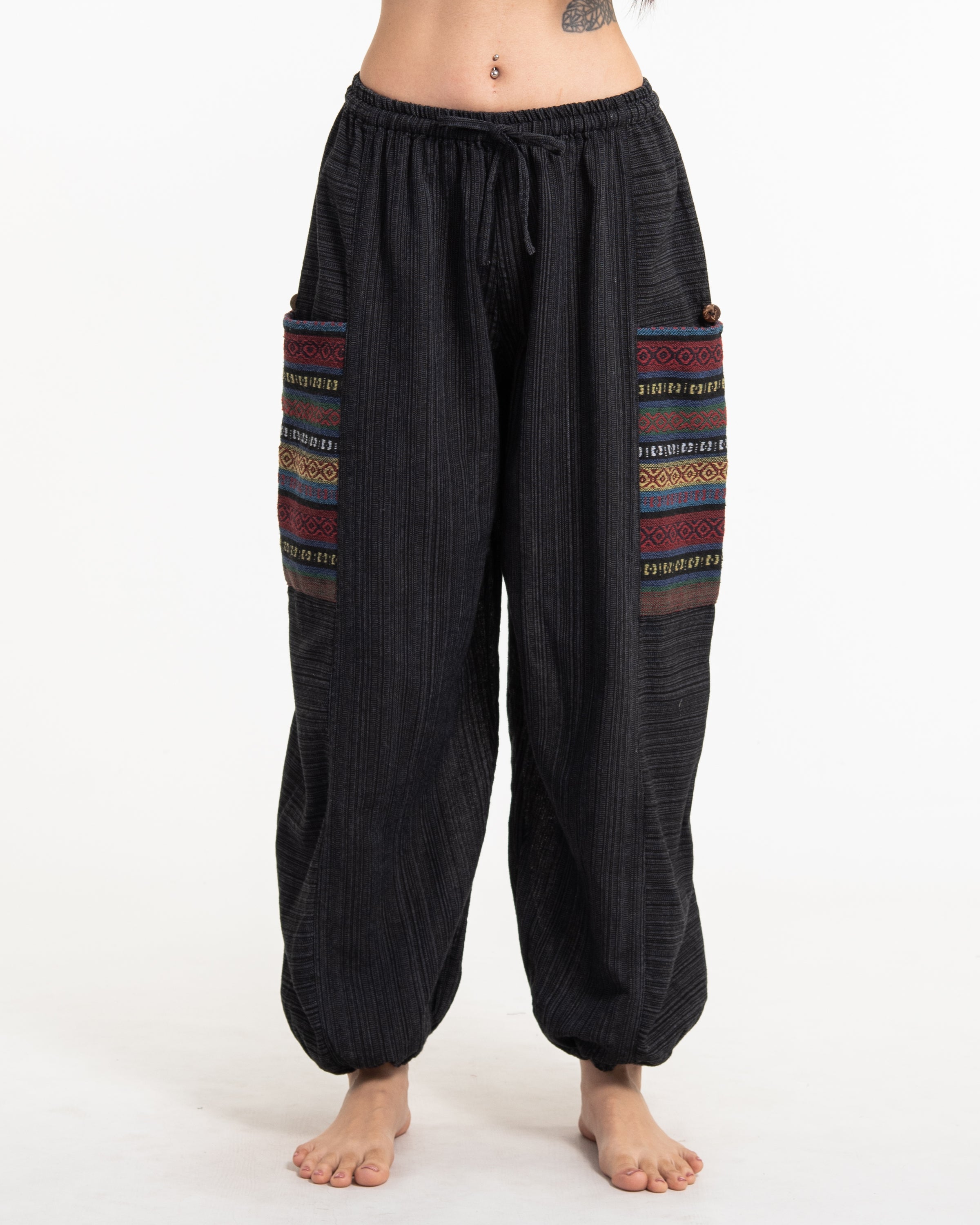 Women's Drawstring Pinstripes Cotton Pants with Aztec Pocket in Black