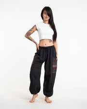 Women's Drawstring Pinstripes Cotton Pants with Aztec Pocket in Black