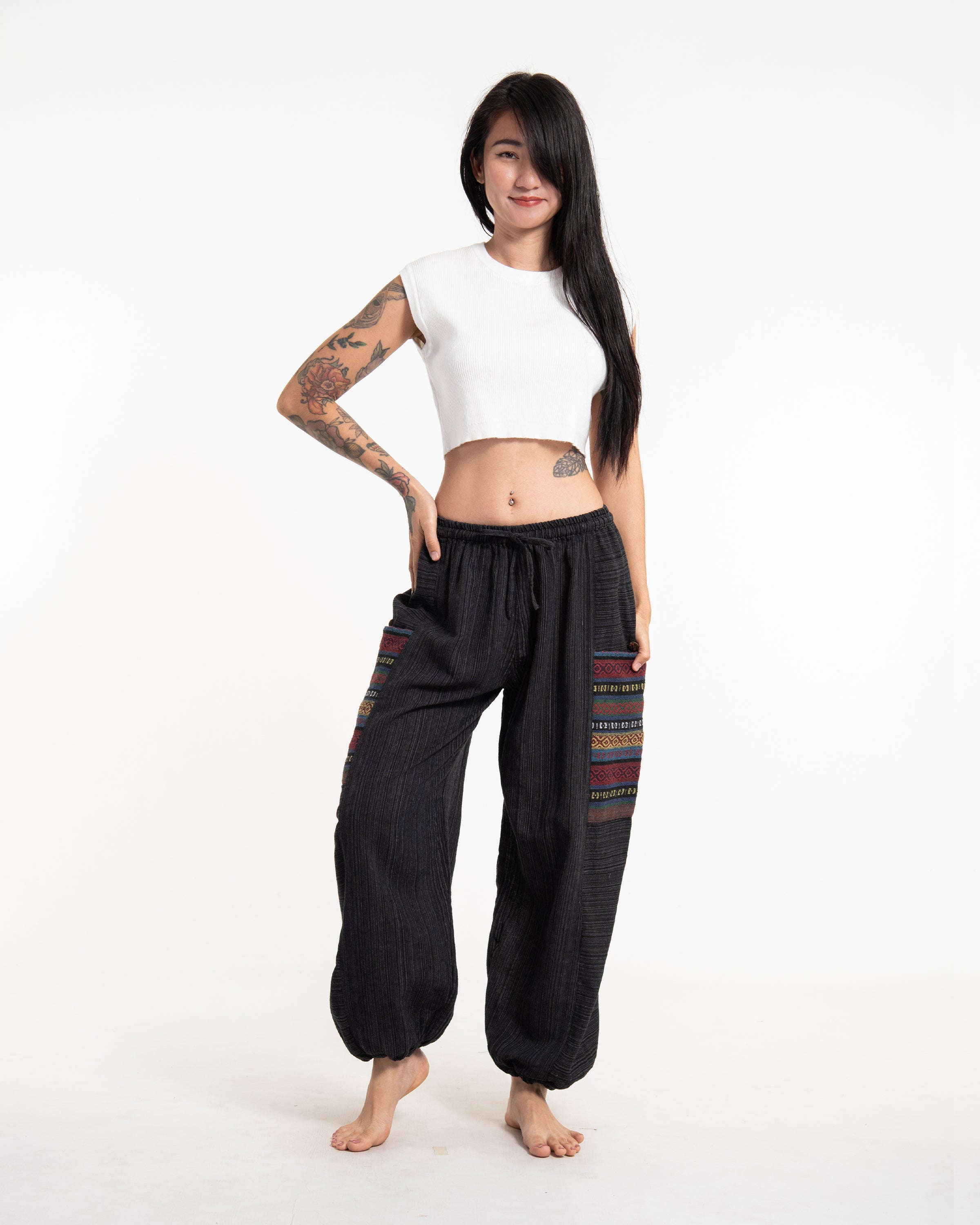 Women's Drawstring Pinstripes Cotton Pants with Aztec Pocket in Black