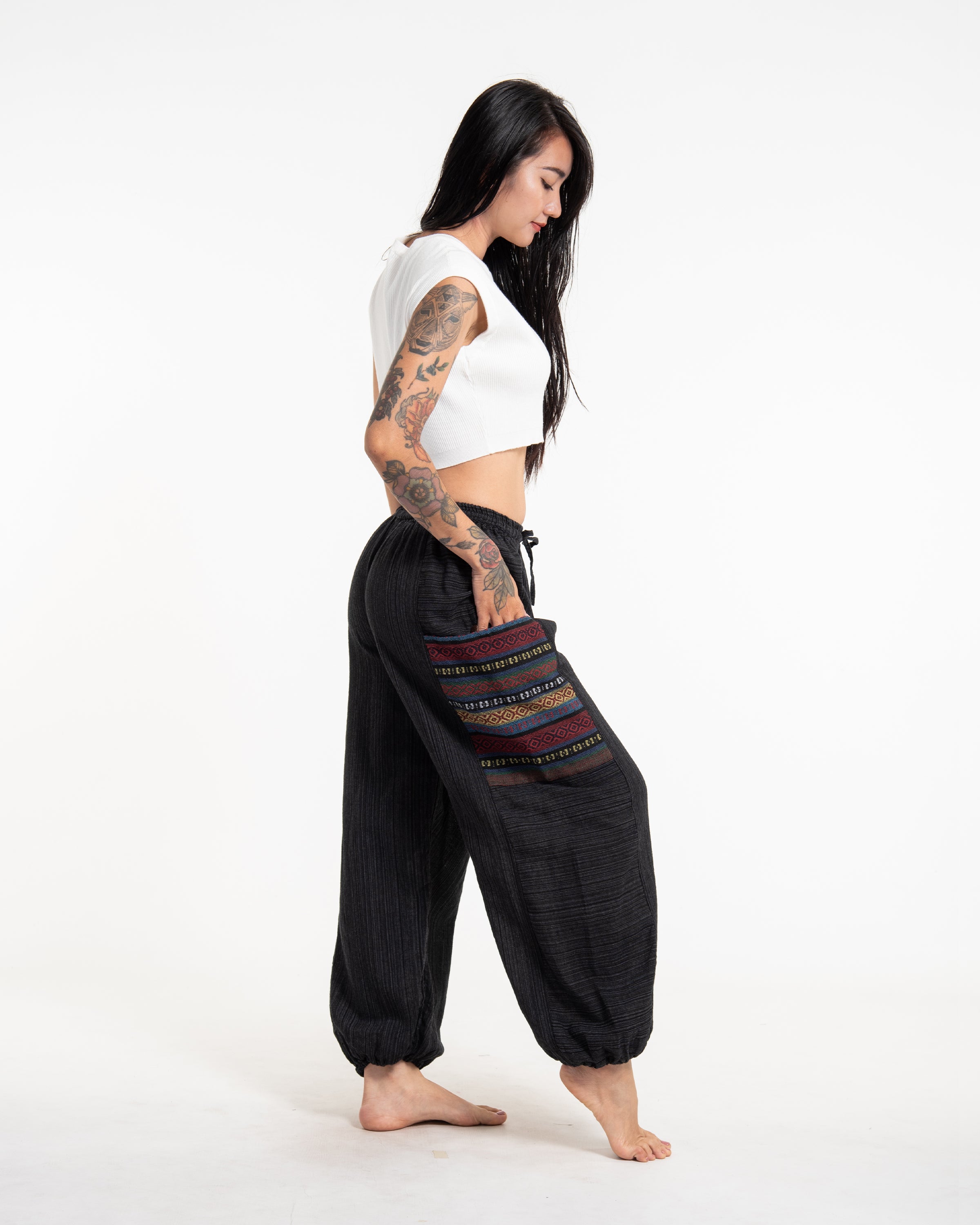 Women's Drawstring Pinstripes Cotton Pants with Aztec Pocket in Black
