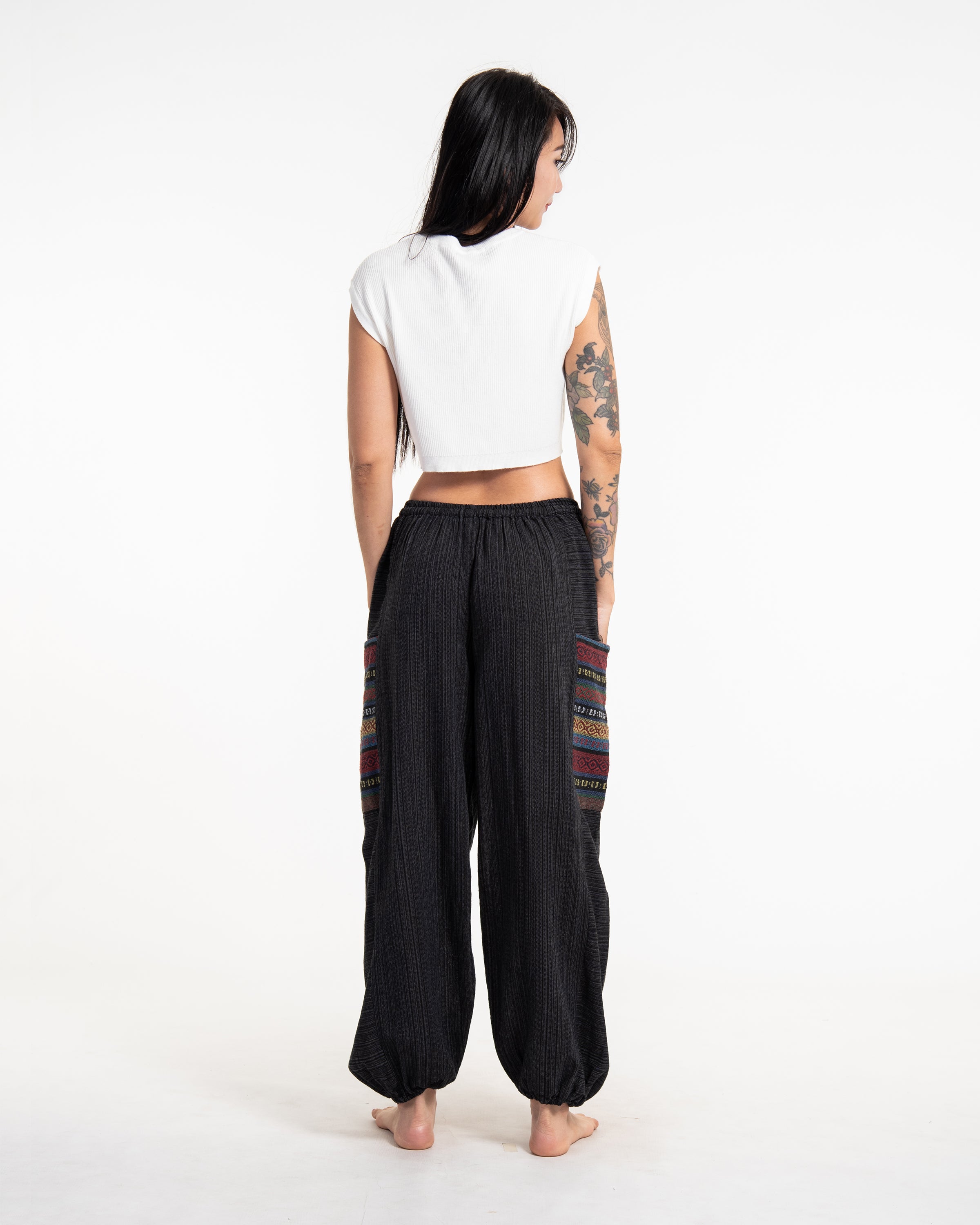 Women's Drawstring Pinstripes Cotton Pants with Aztec Pocket in Black