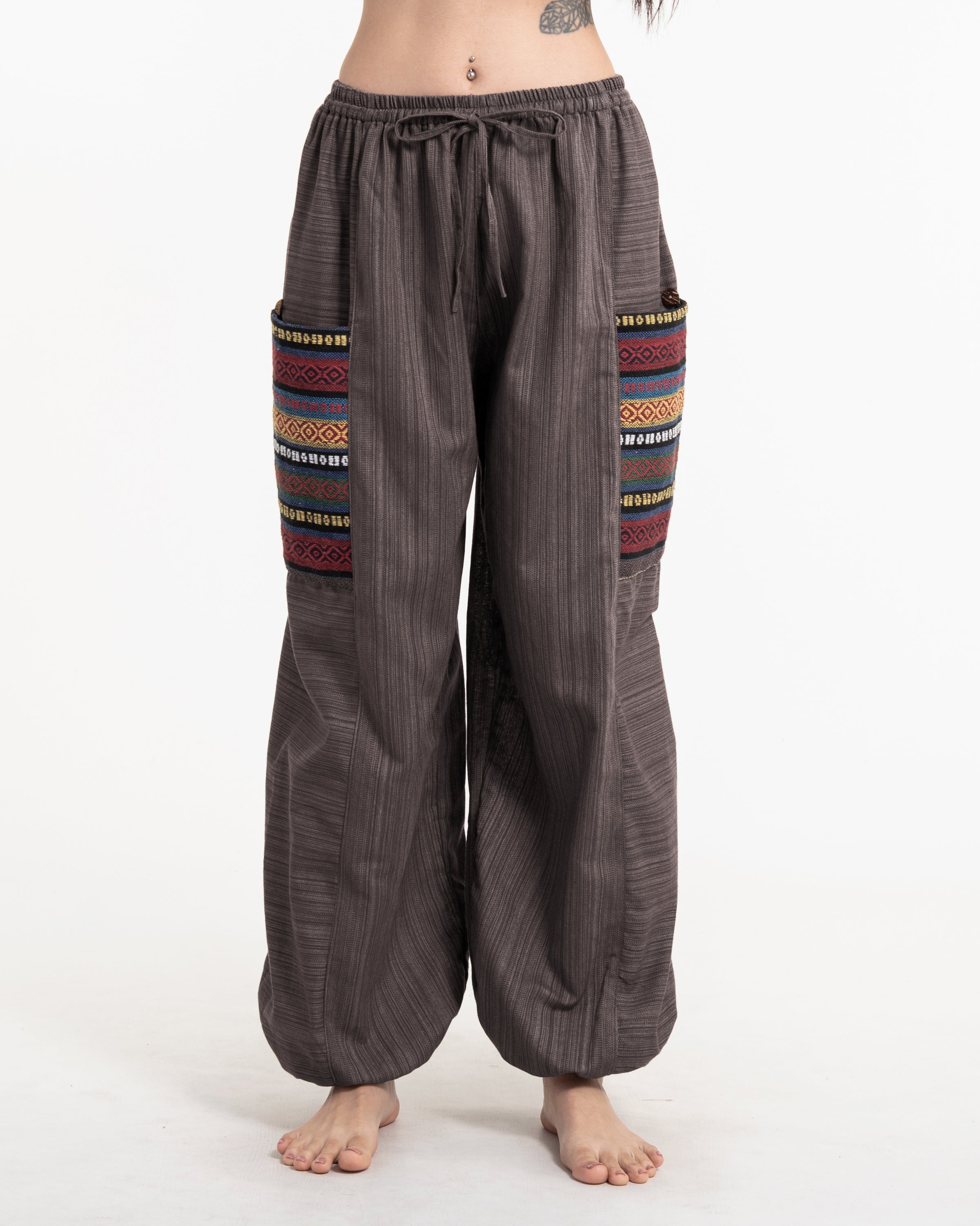 Women's Drawstring Pinstripes Cotton Pants with Aztec Pocket in Brown
