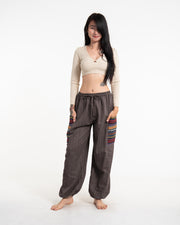 Women's Drawstring Pinstripes Cotton Pants with Aztec Pocket in Brown