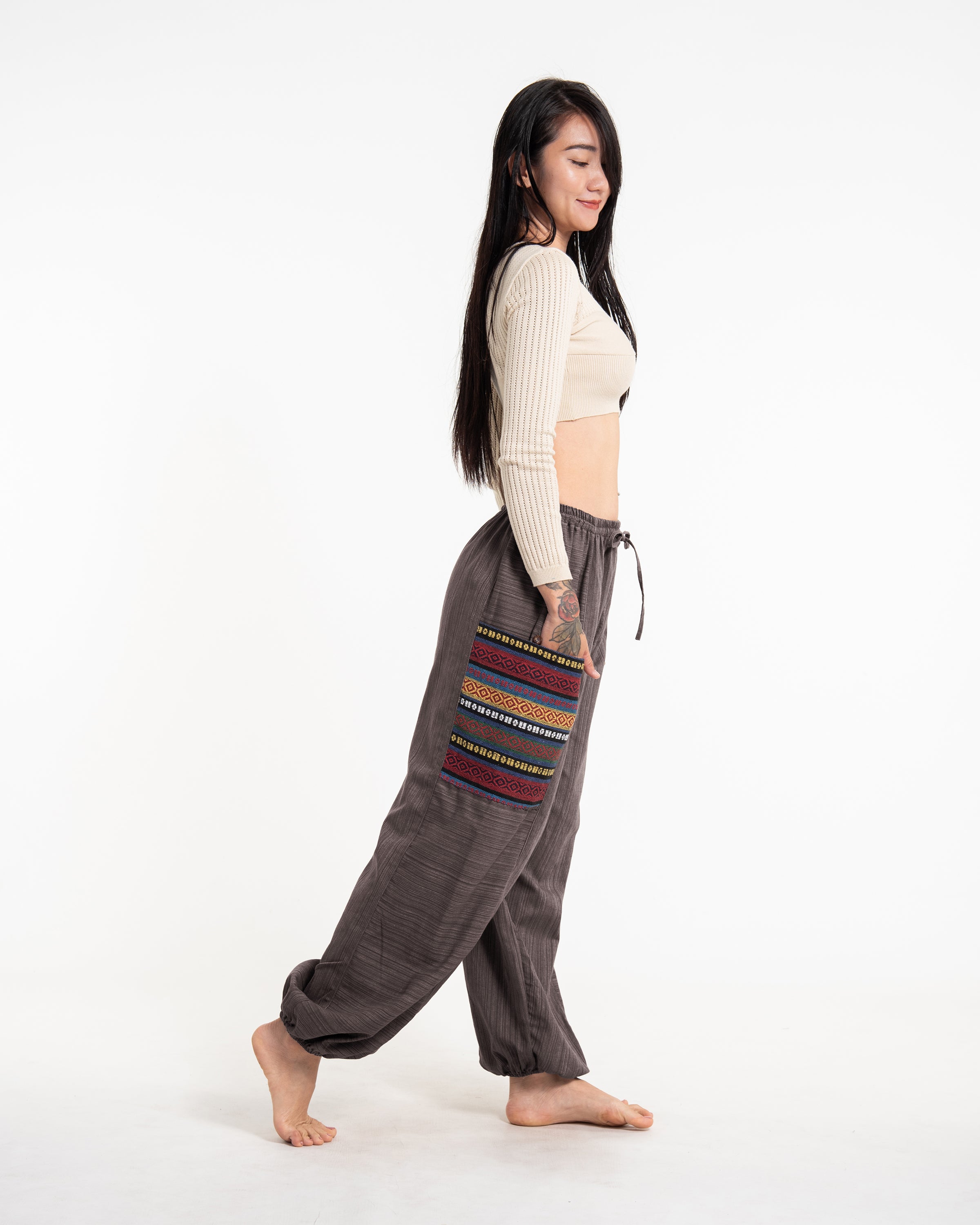 Women's Drawstring Pinstripes Cotton Pants with Aztec Pocket in Brown