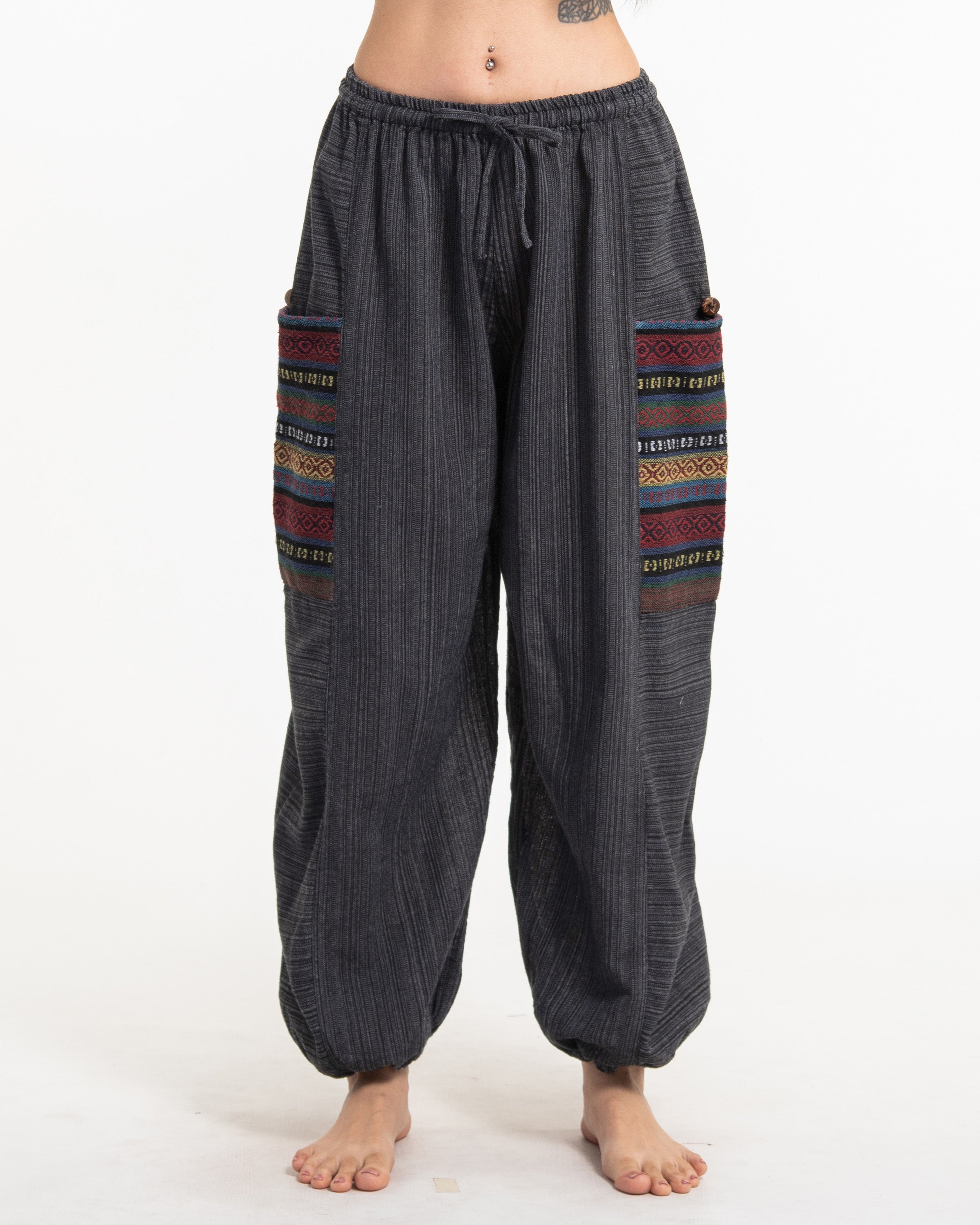 Women's Drawstring Pinstripes Cotton Pants with Aztec Pocket in Dark Gray
