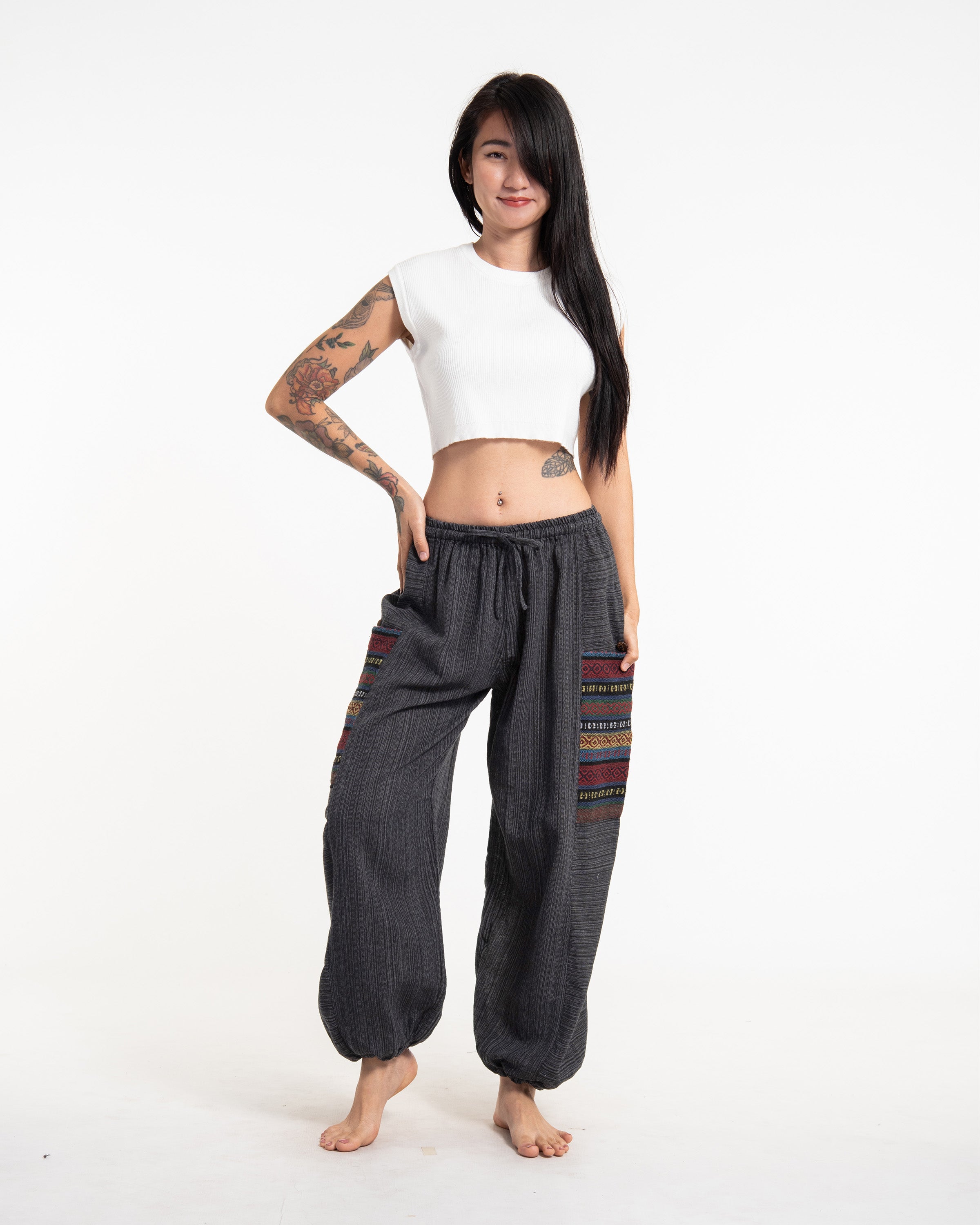 Women's Drawstring Pinstripes Cotton Pants with Aztec Pocket in Dark Gray