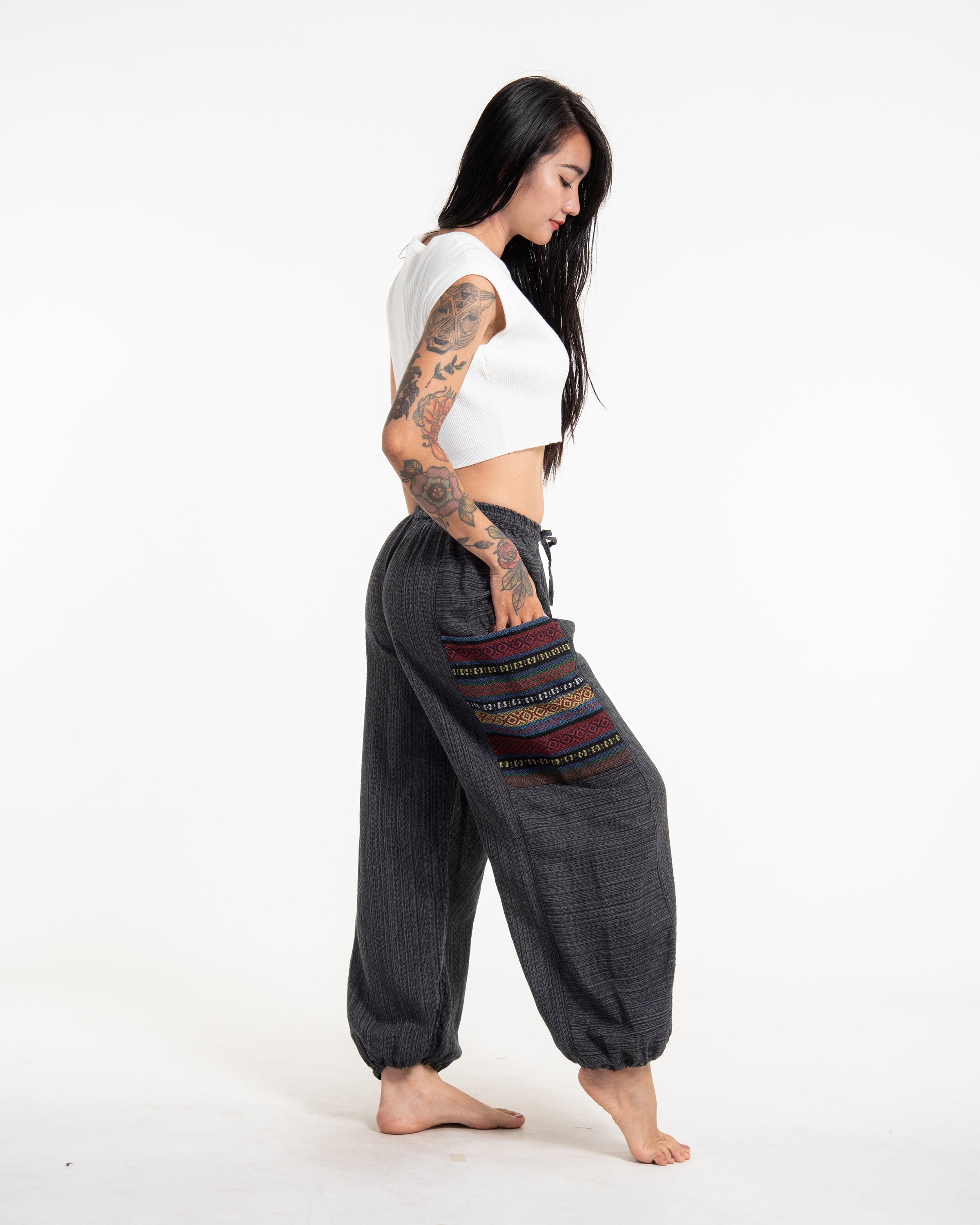 Women's Drawstring Pinstripes Cotton Pants with Aztec Pocket in Dark Gray