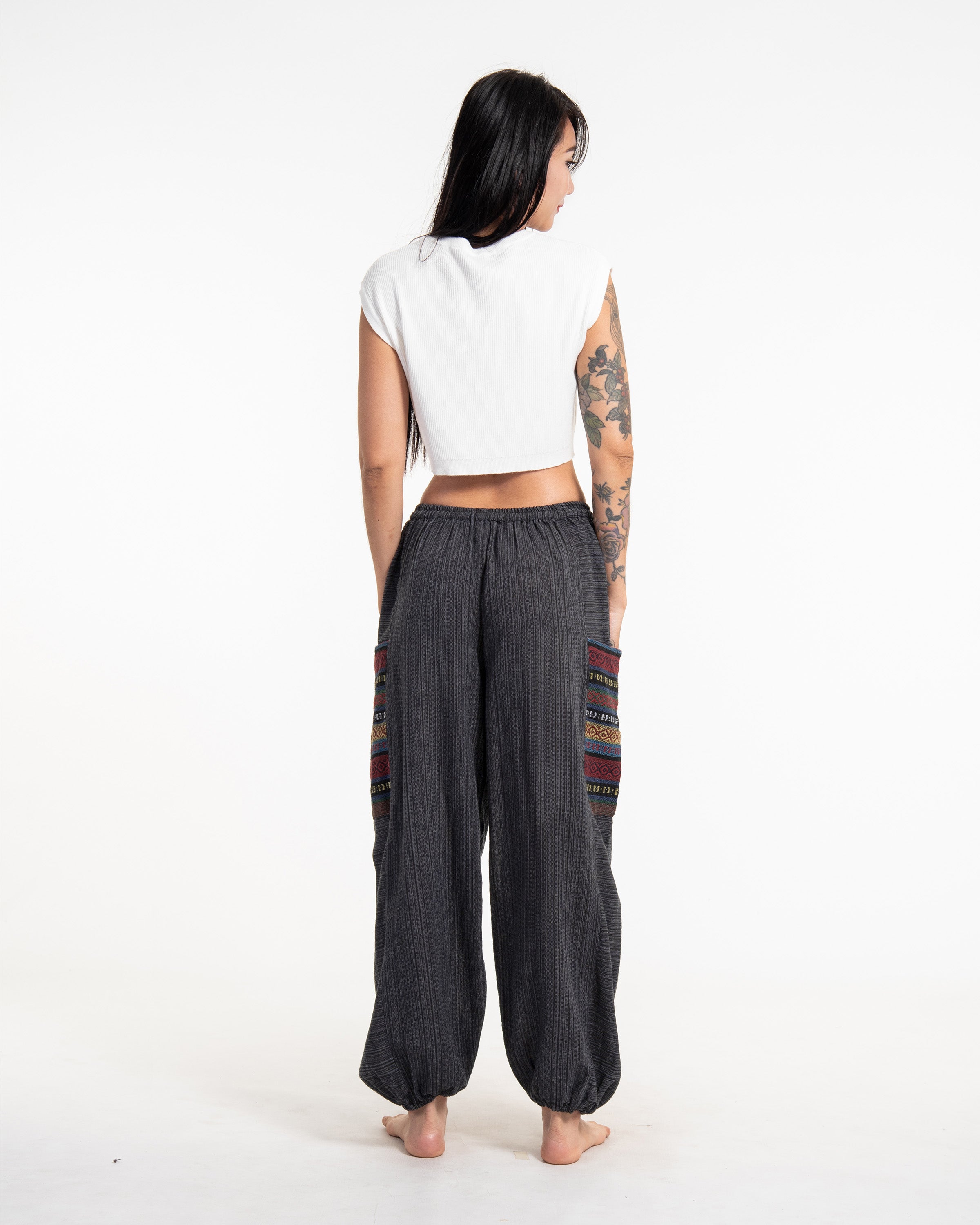 Women's Drawstring Pinstripes Cotton Pants with Aztec Pocket in Dark Gray