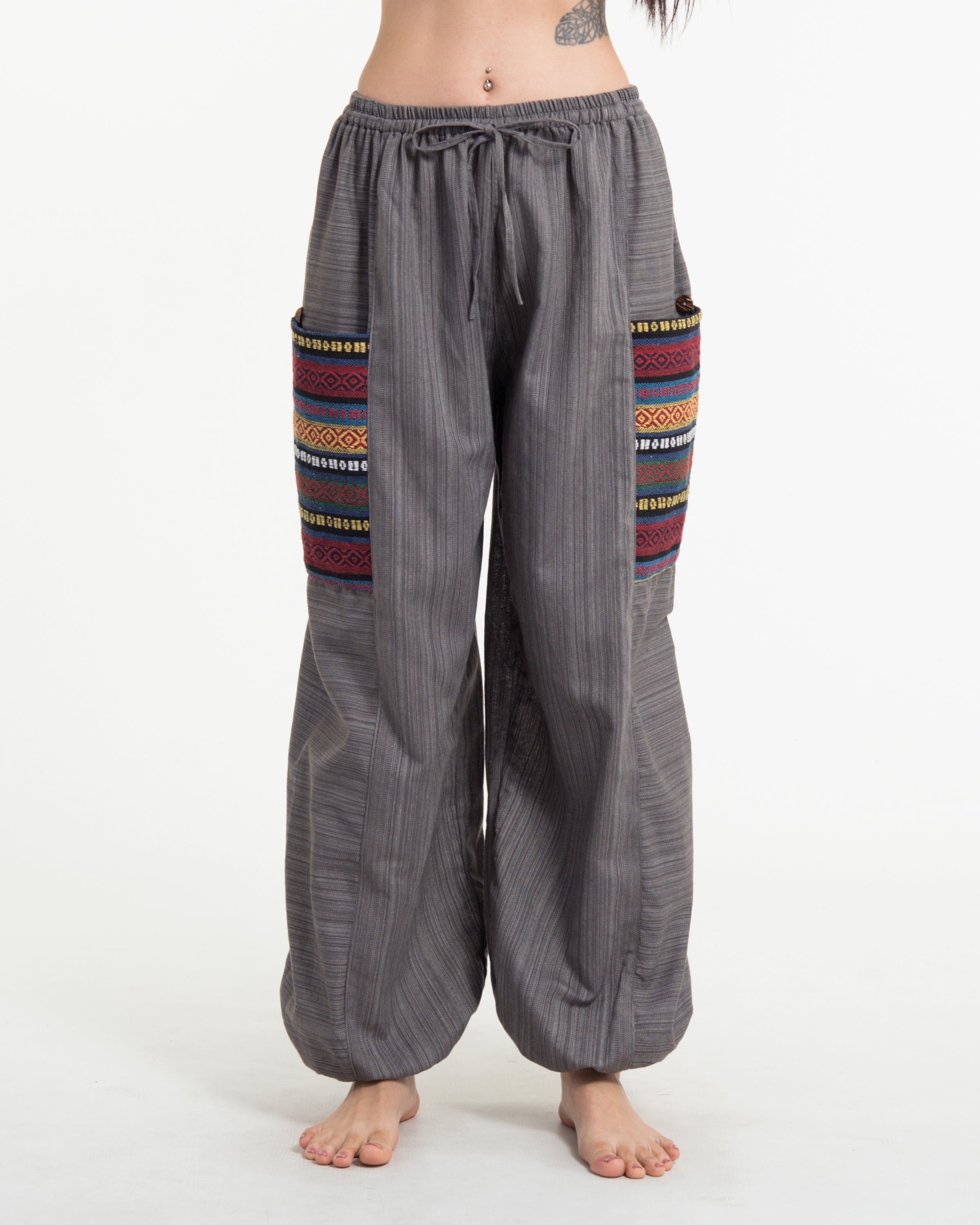 Women's Drawstring Pinstripes Cotton Pants with Aztec Pocket in Gray
