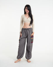 Women's Drawstring Pinstripes Cotton Pants with Aztec Pocket in Gray