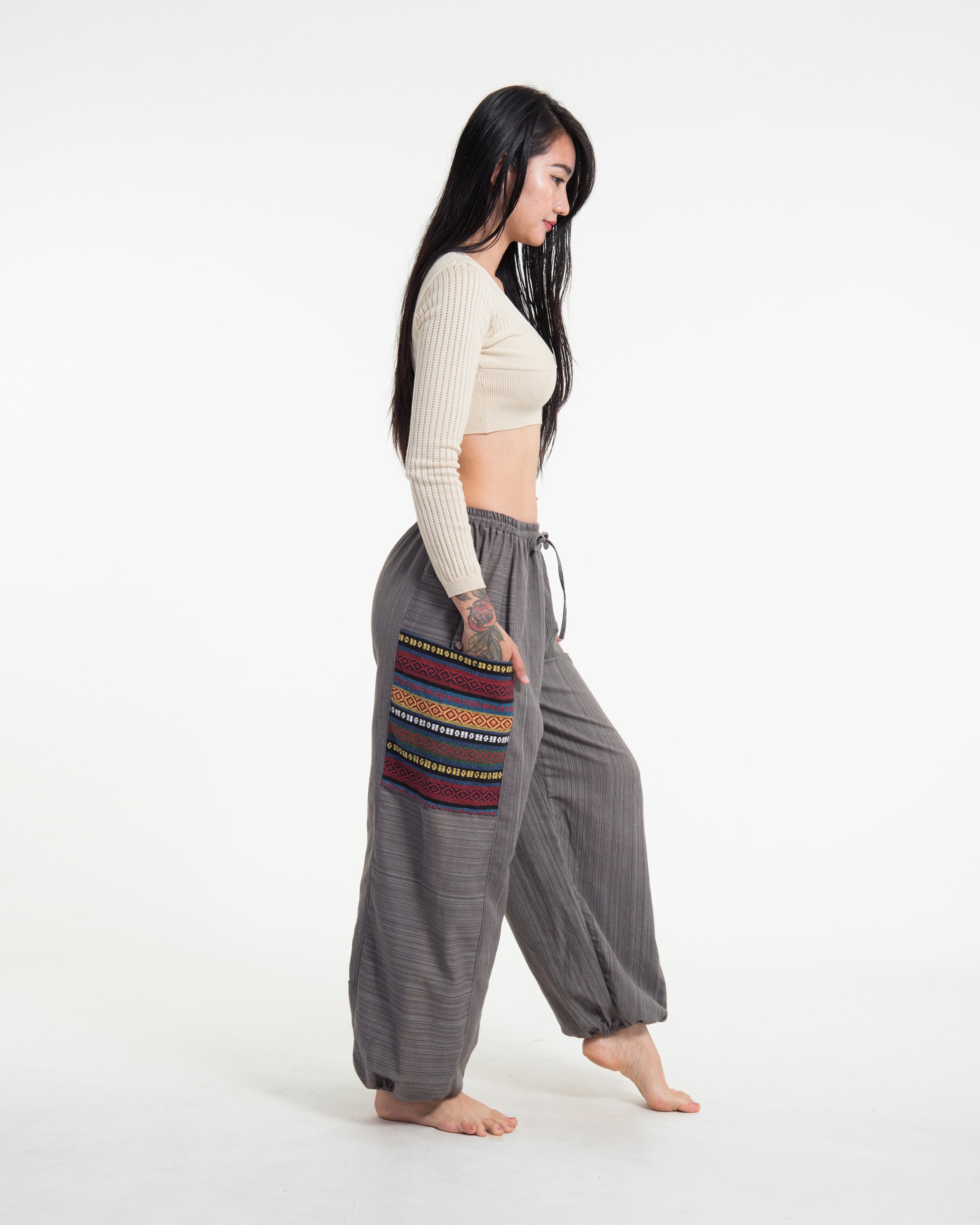 Women's Drawstring Pinstripes Cotton Pants with Aztec Pocket in Gray