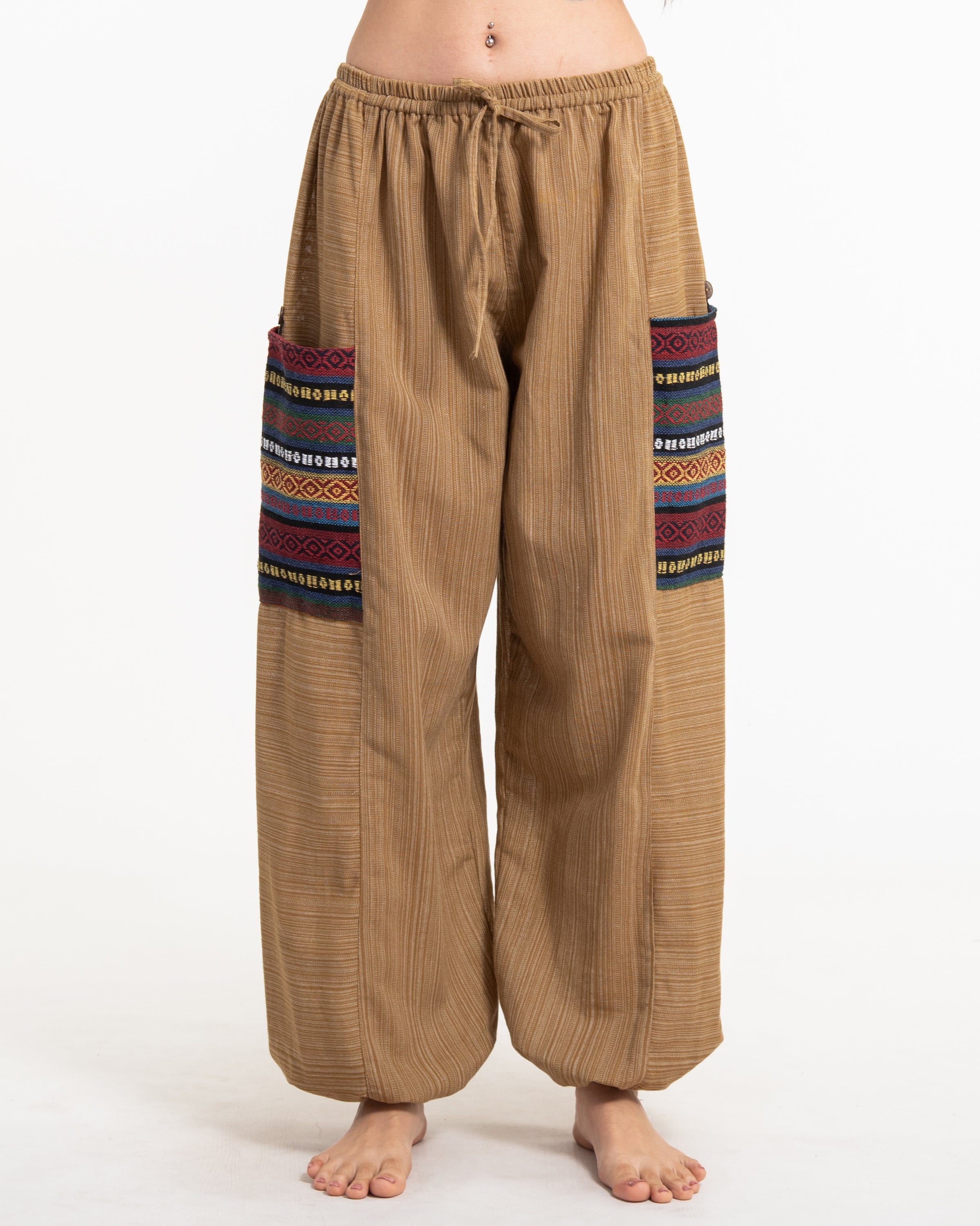 Women's Drawstring Pinstripes Cotton Pants with Aztec Pocket in Light Brown