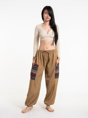 Women's Drawstring Pinstripes Cotton Pants with Aztec Pocket in Light Brown