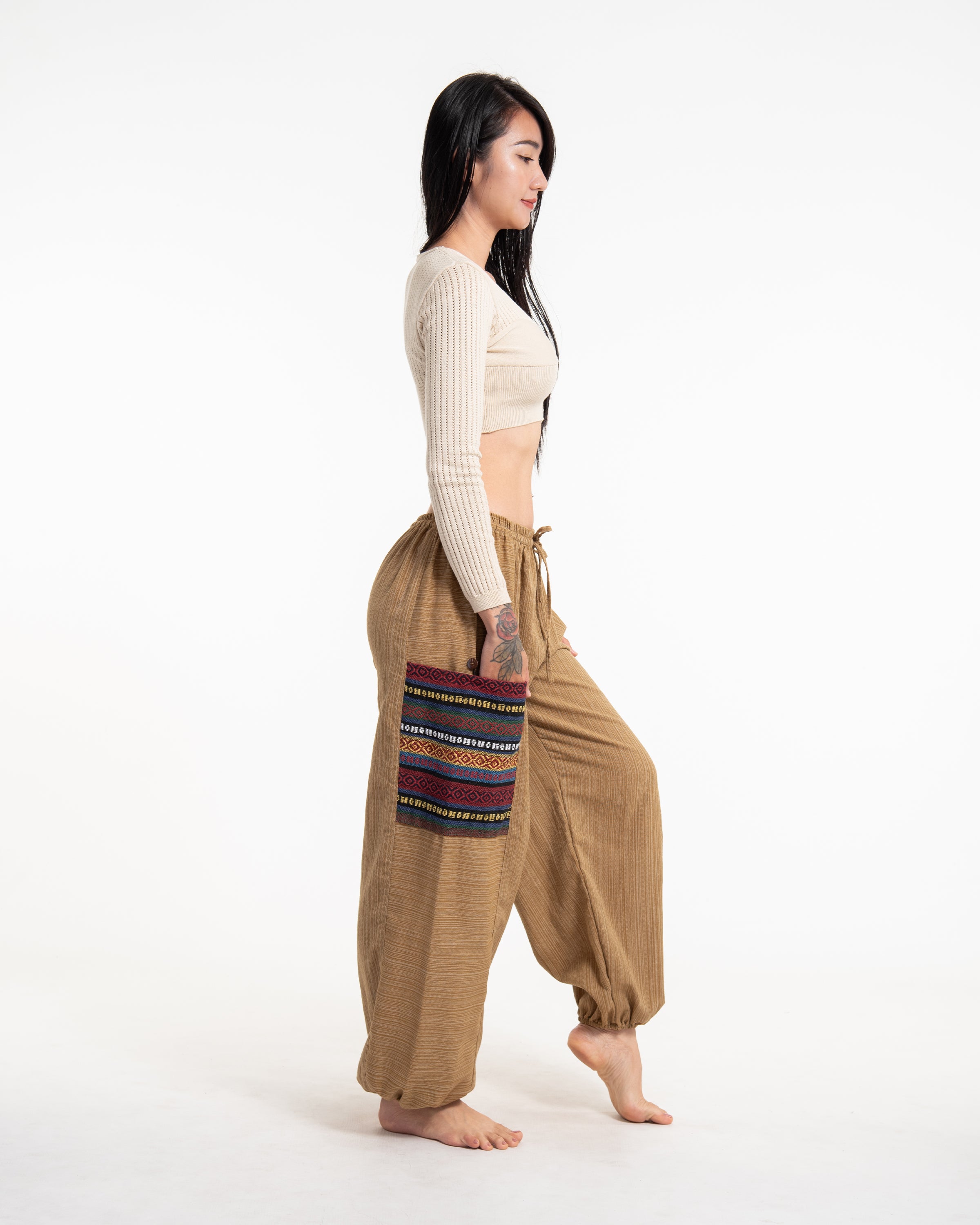 Women's Drawstring Pinstripes Cotton Pants with Aztec Pocket in Light Brown