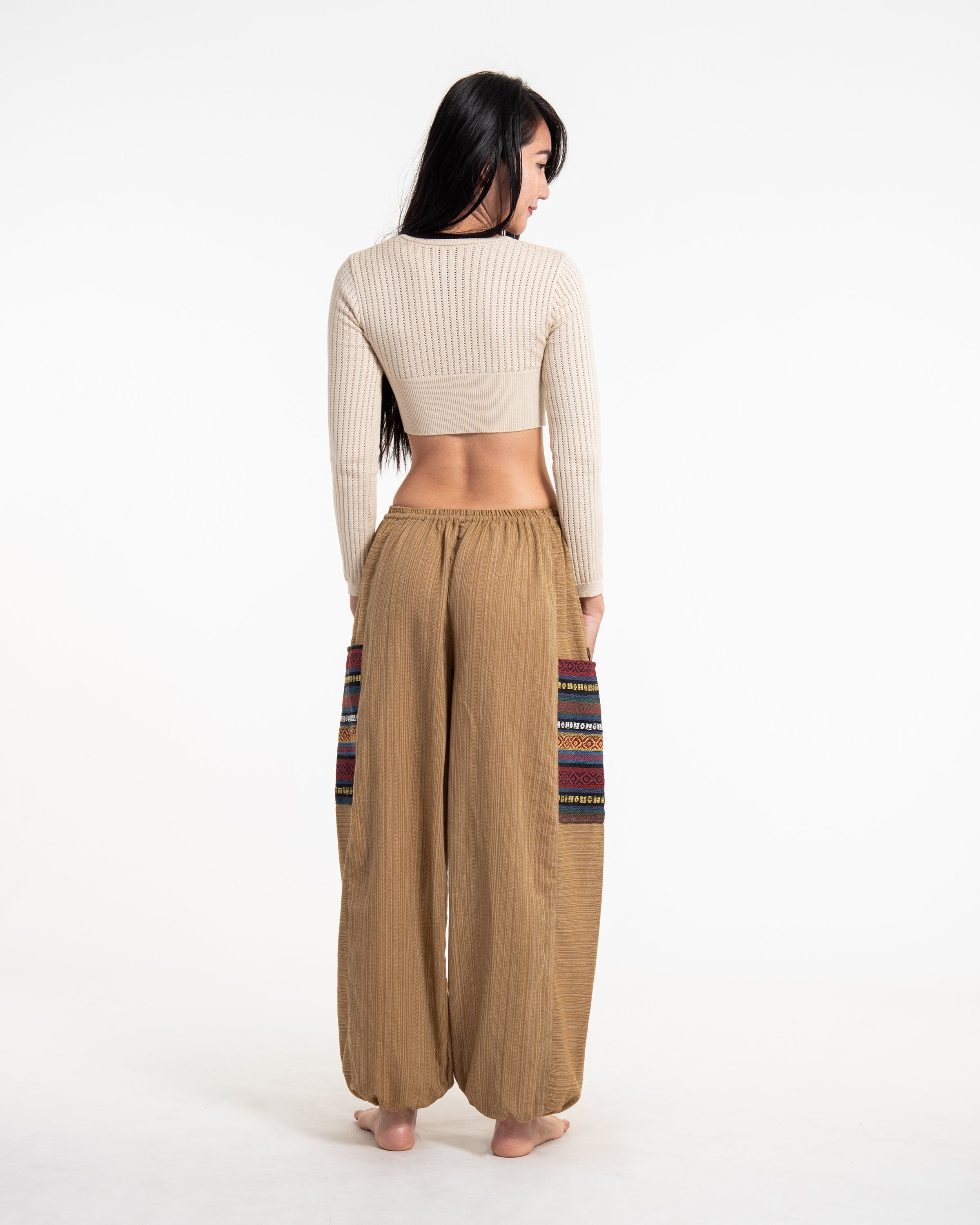 Women's Drawstring Pinstripes Cotton Pants with Aztec Pocket in Light Brown