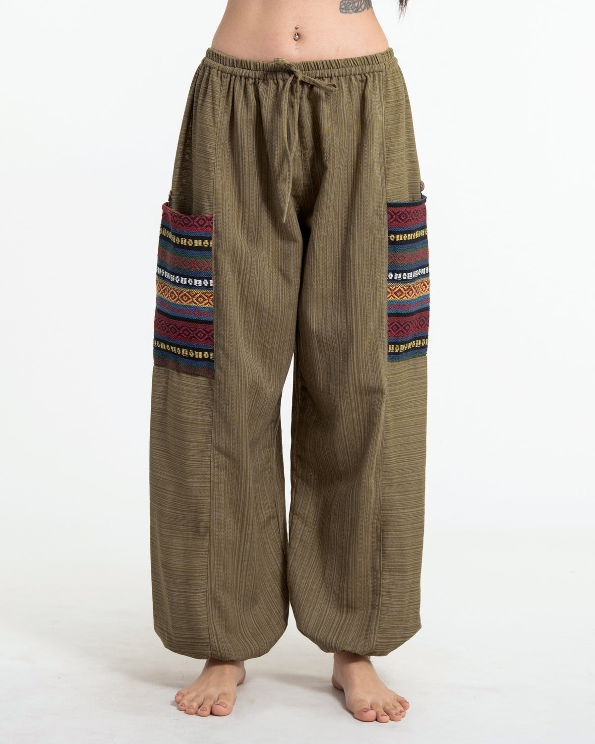 Women's Drawstring Pinstripes Cotton Pants with Aztec Pocket in Light Brown