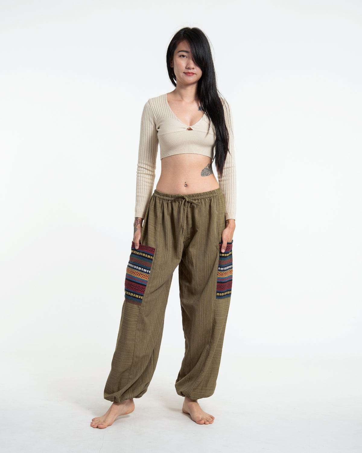 Women's Drawstring Pinstripes Cotton Pants with Aztec Pocket in Light Brown