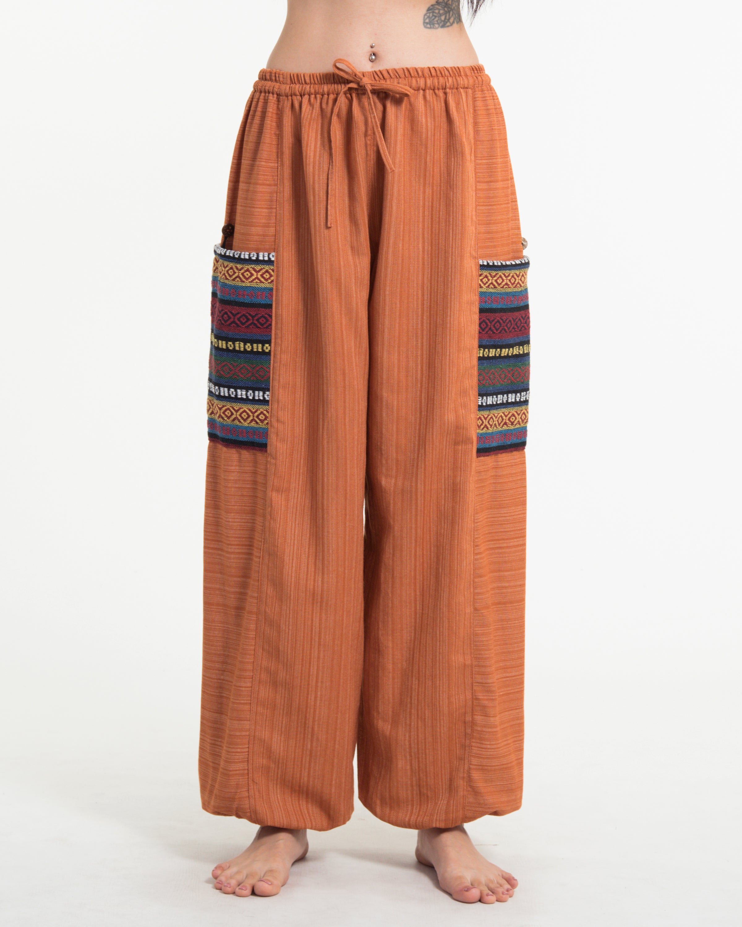 Women's Drawstring Pinstripes Cotton Pants with Aztec Pocket in Orange