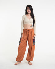 Women's Drawstring Pinstripes Cotton Pants with Aztec Pocket in Orange