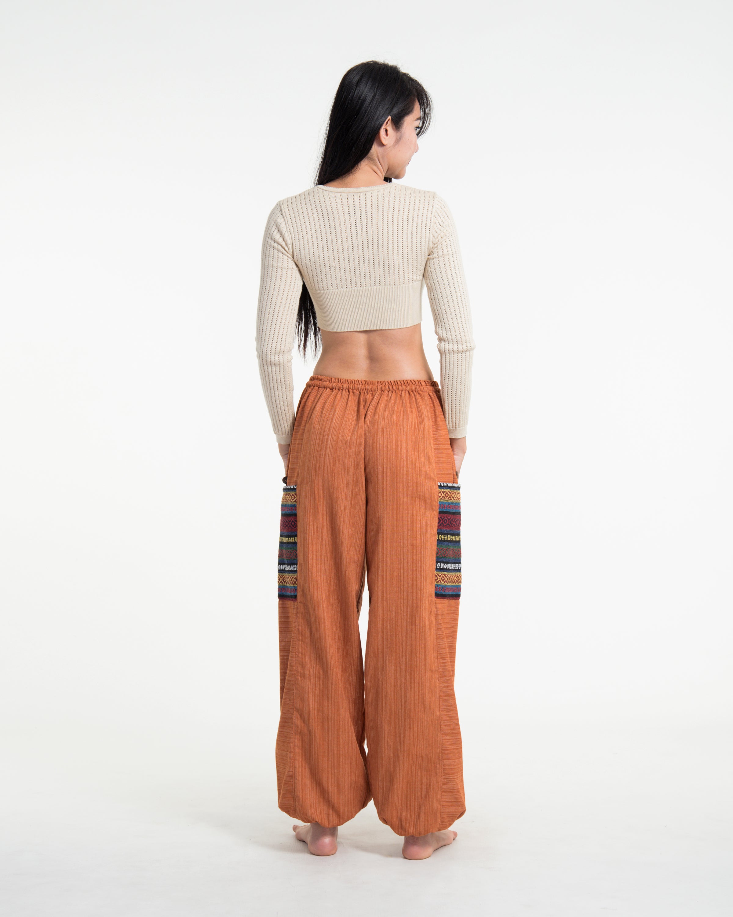 Women's Drawstring Pinstripes Cotton Pants with Aztec Pocket in Orange