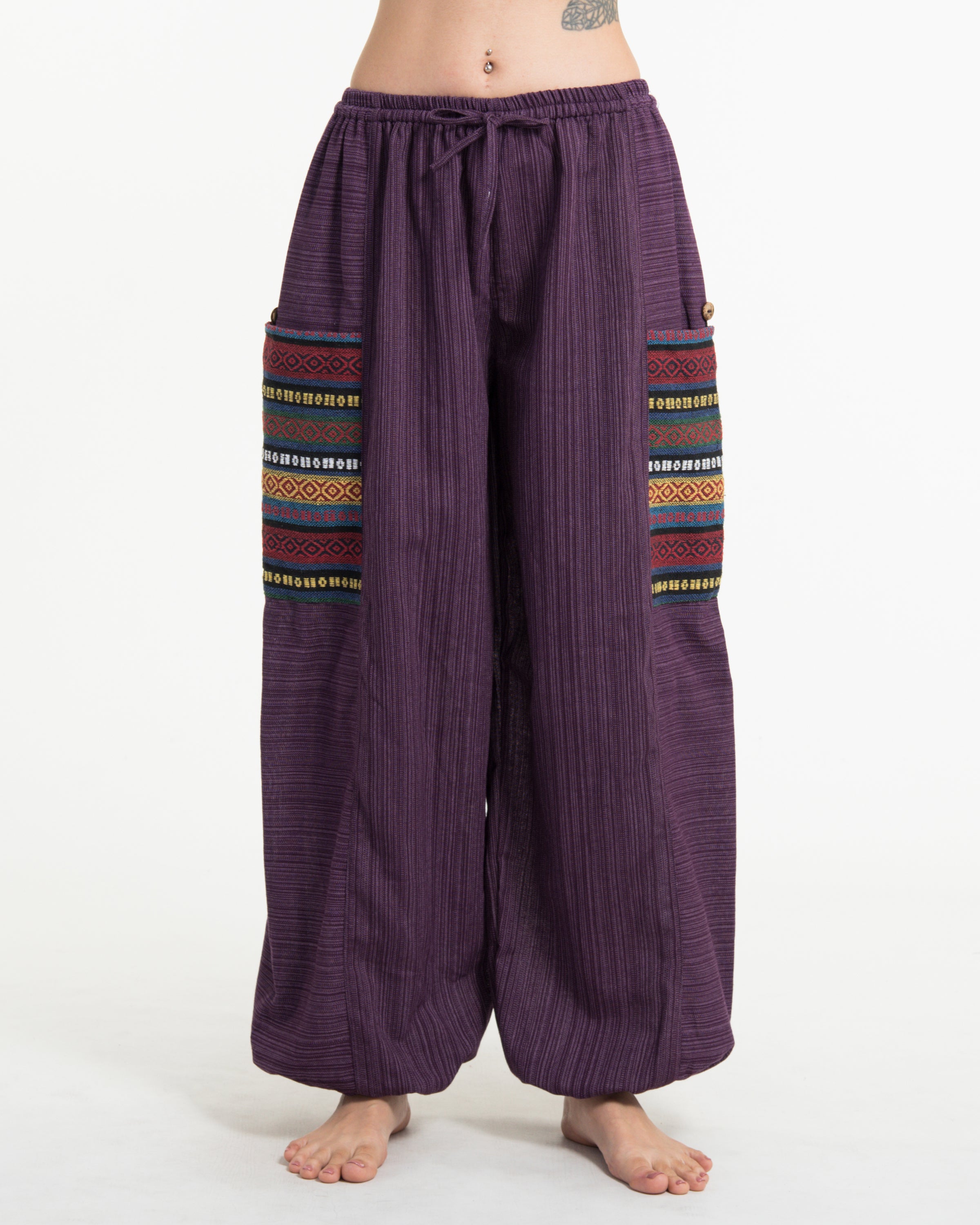 Women's Drawstring Pinstripes Cotton Pants with Aztec Pocket in Purple
