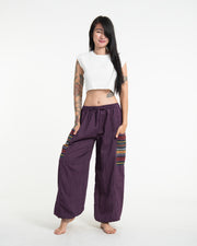 Women's Drawstring Pinstripes Cotton Pants with Aztec Pocket in Purple