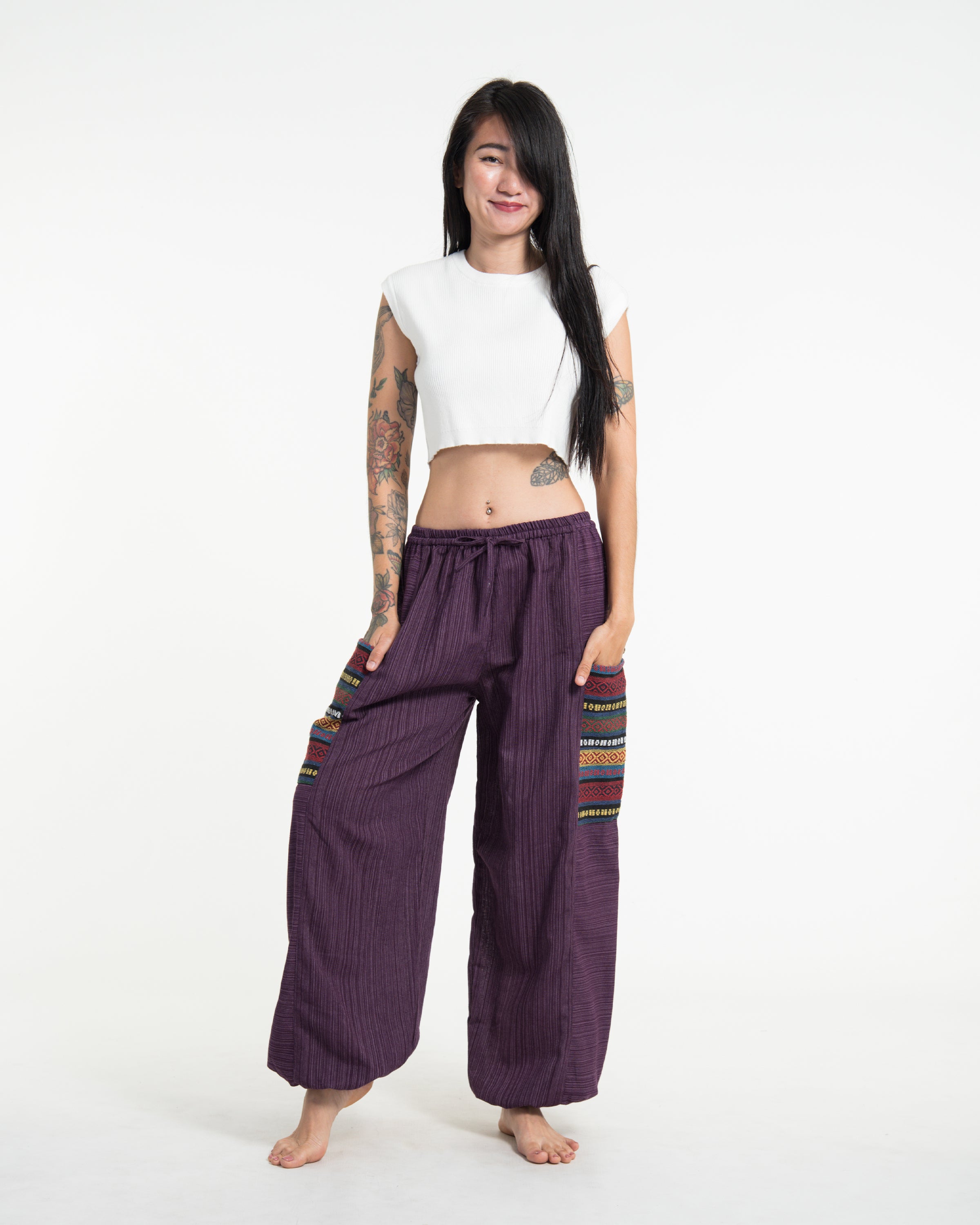 Women's Drawstring Pinstripes Cotton Pants with Aztec Pocket in Purple