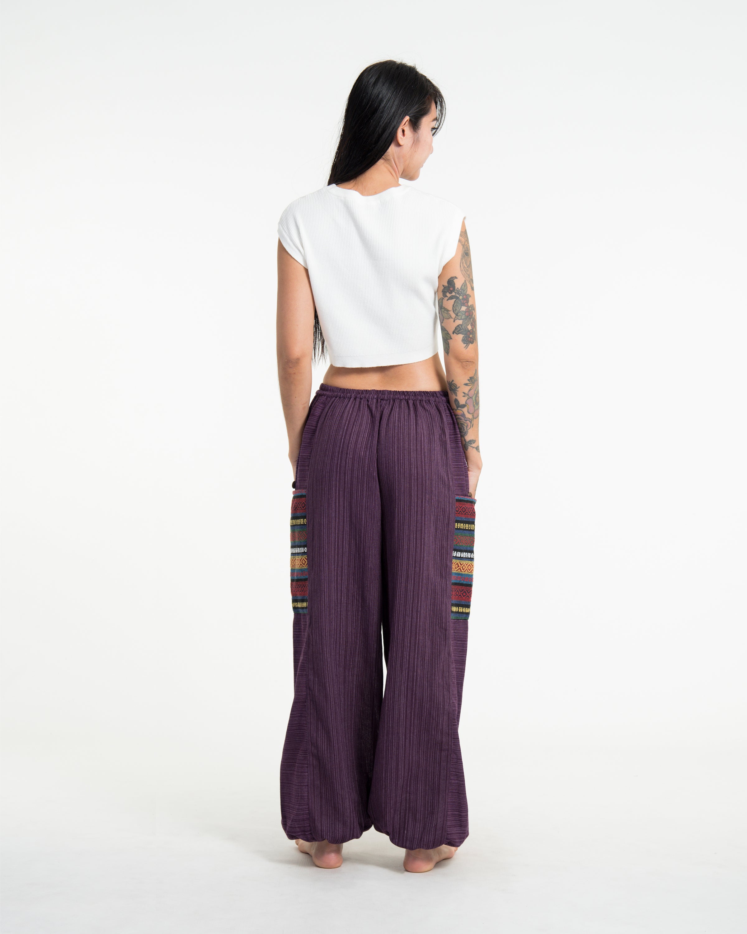 Women's Drawstring Pinstripes Cotton Pants with Aztec Pocket in Purple